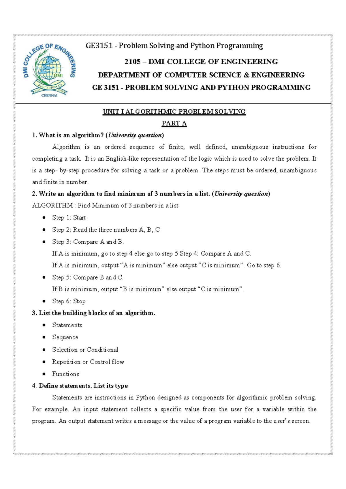 GE3151 Problem Solving and Python Programming - Question Bank - Studocu