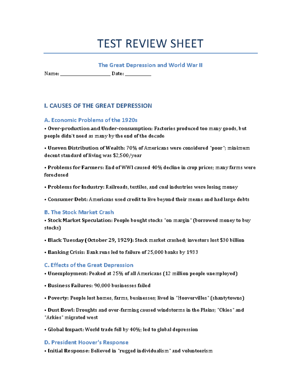 TEST REVIEW SHEET: The Great Depression and WWII - Studocu