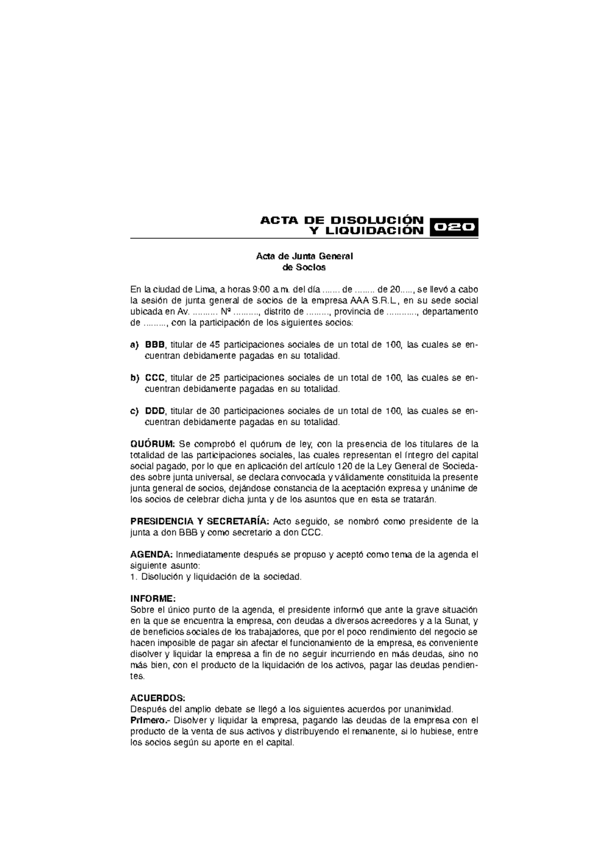 Acta de Junta General de Disolución y Liquidación AAA S.R.L. - Document Preview