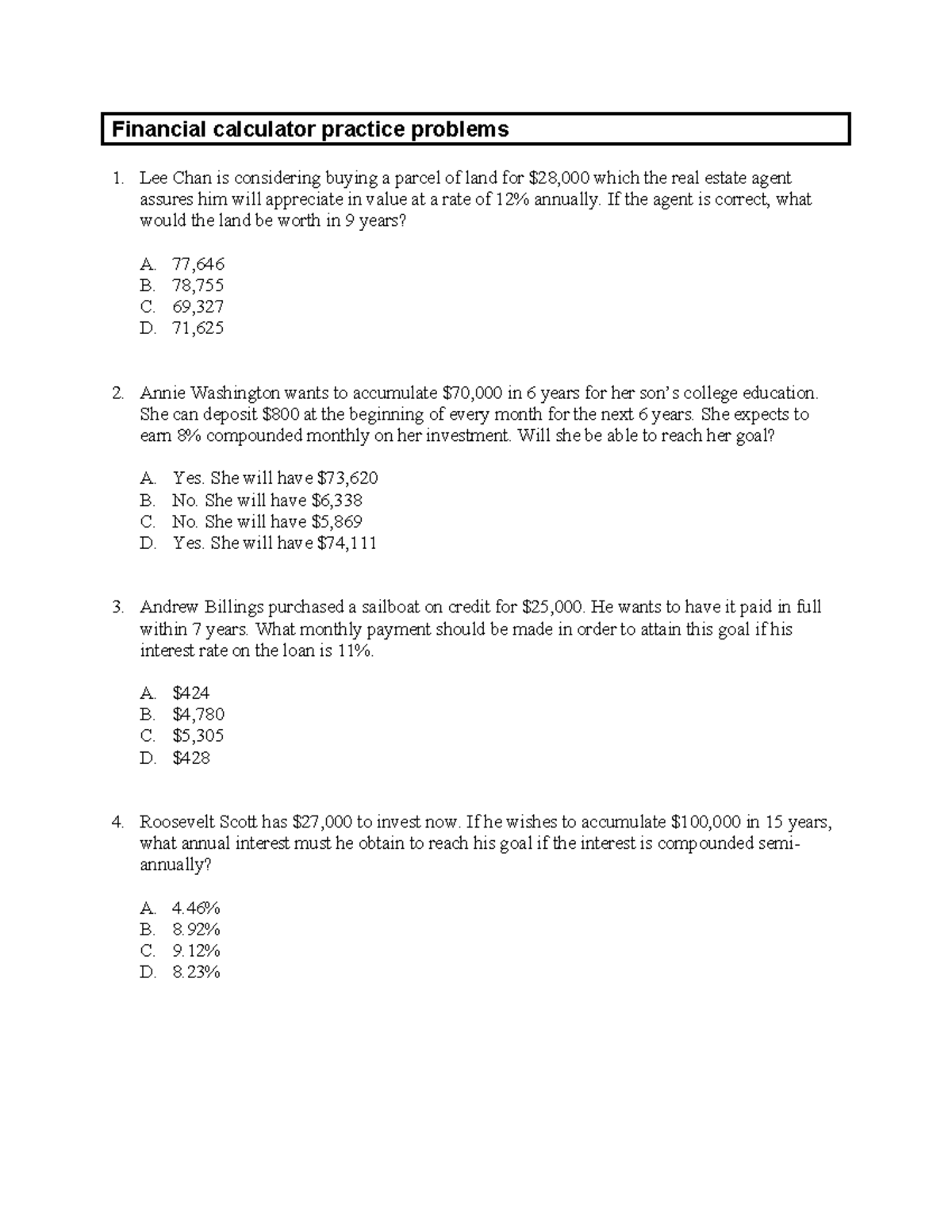 Financial Calculator Practice Problems (Course Code: FIN 101) - Studocu