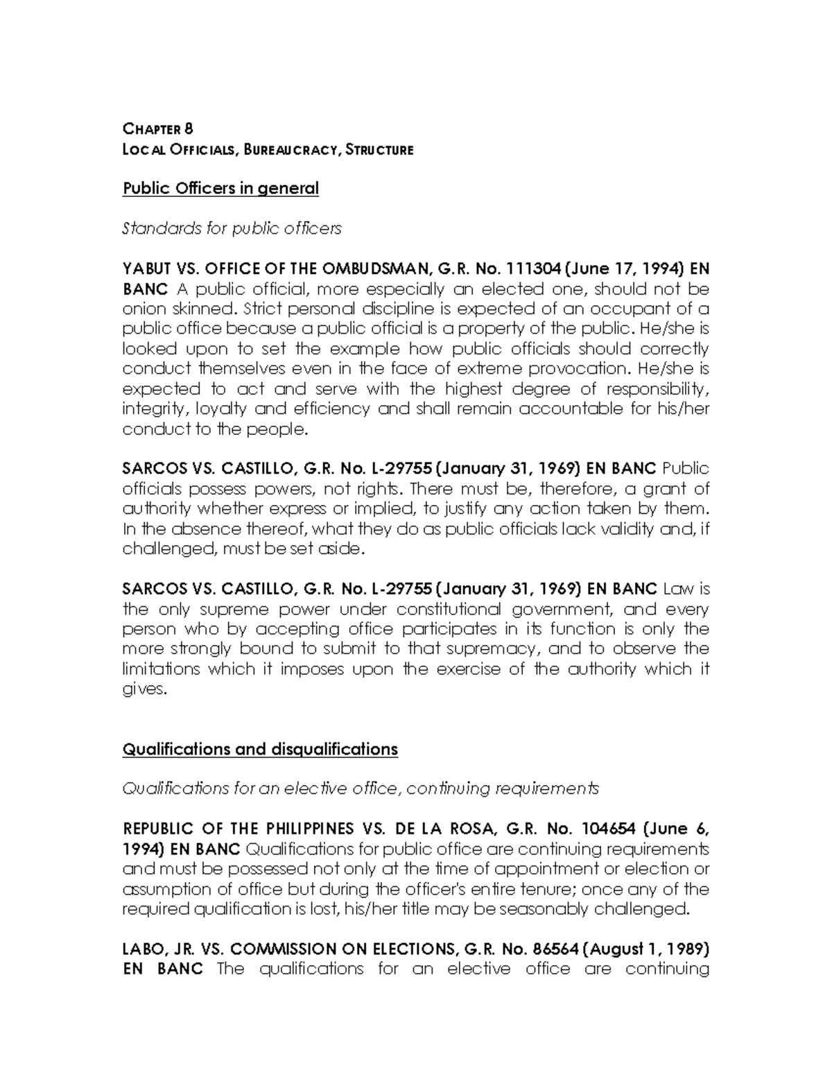 Case Law Compendium: Analysis of Chapters 8-10 on Public Office - Studocu