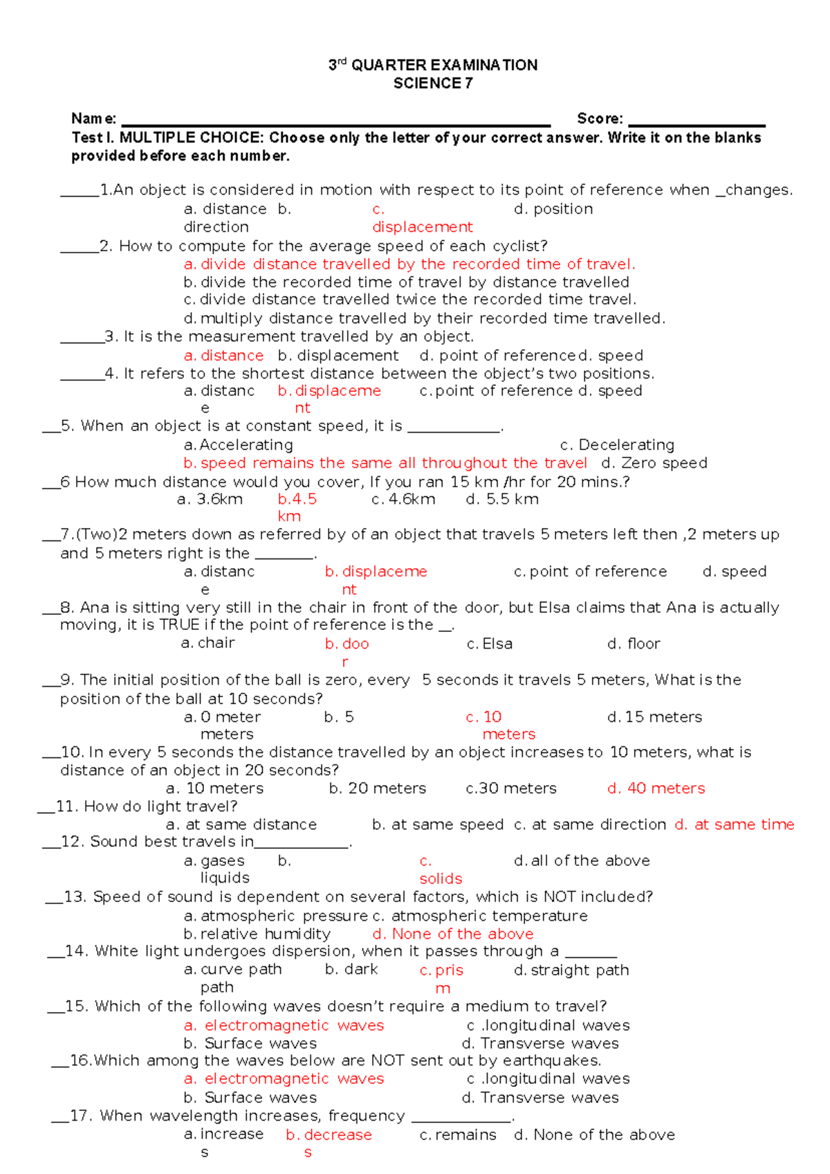 Science 7 Quarter 3 Exam: Comprehensive Review Questions - Studocu