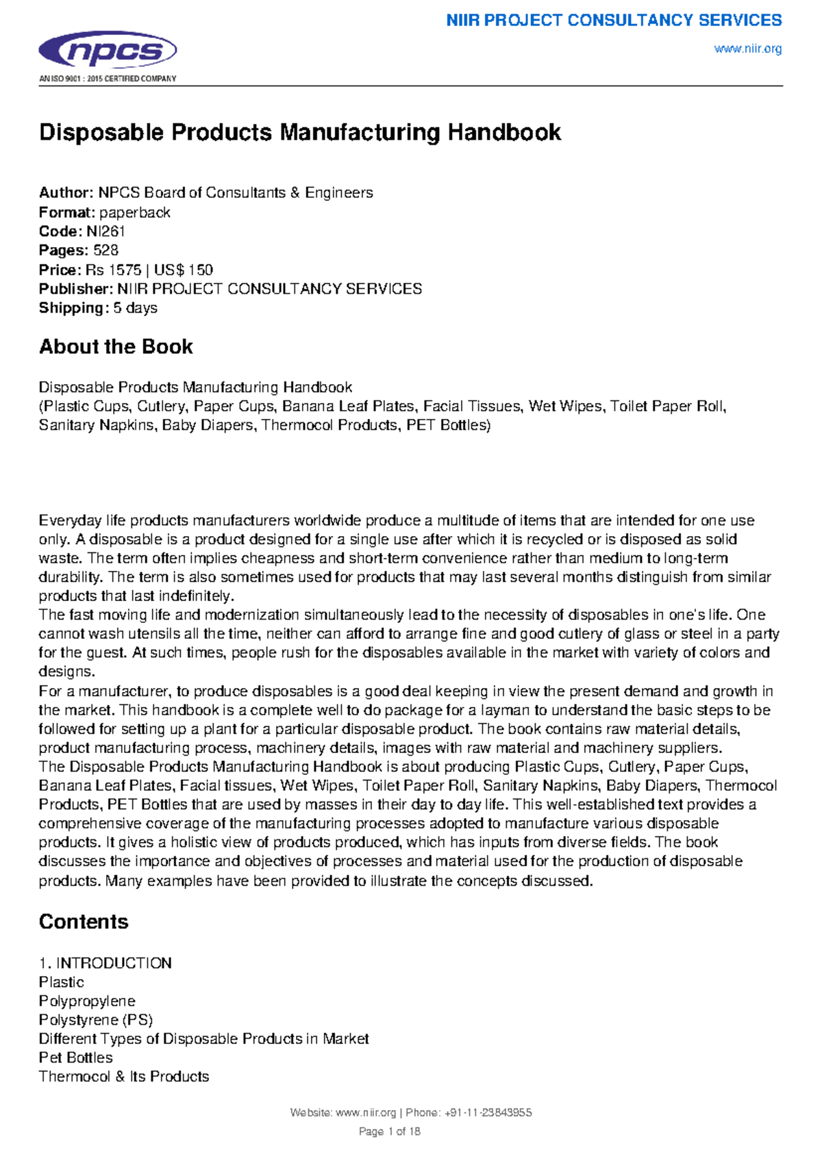 NI261 Disposable Products Manufacturing Handbook Overview - Studocu