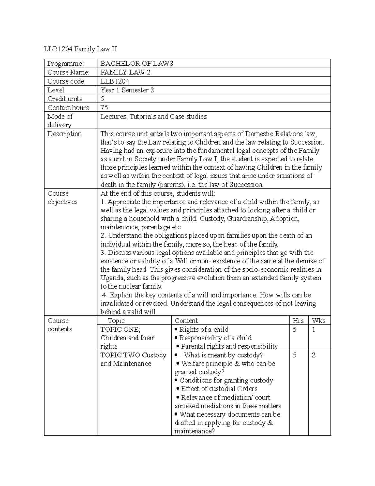 LLB1204 Family Law II Course Outline and Key Concepts - Studocu