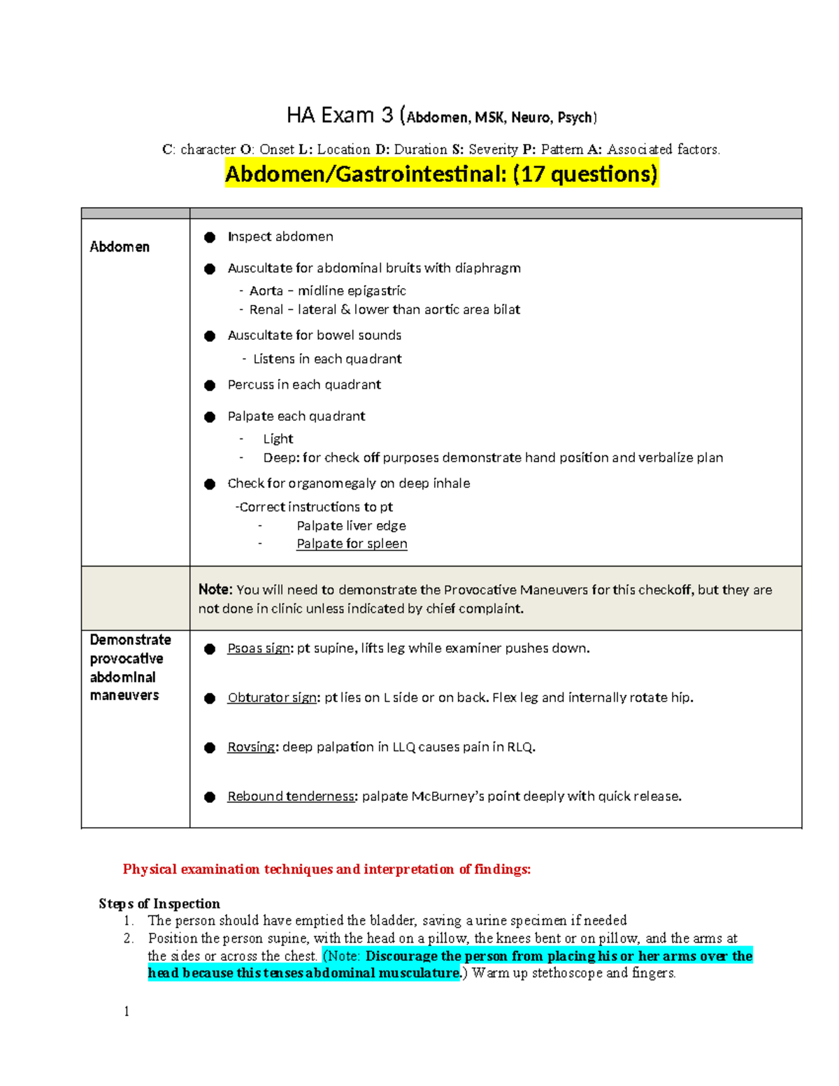 HA Exam 3 Review: Abdomen, MSK, Neuro, and Psych Techniques - Studocu