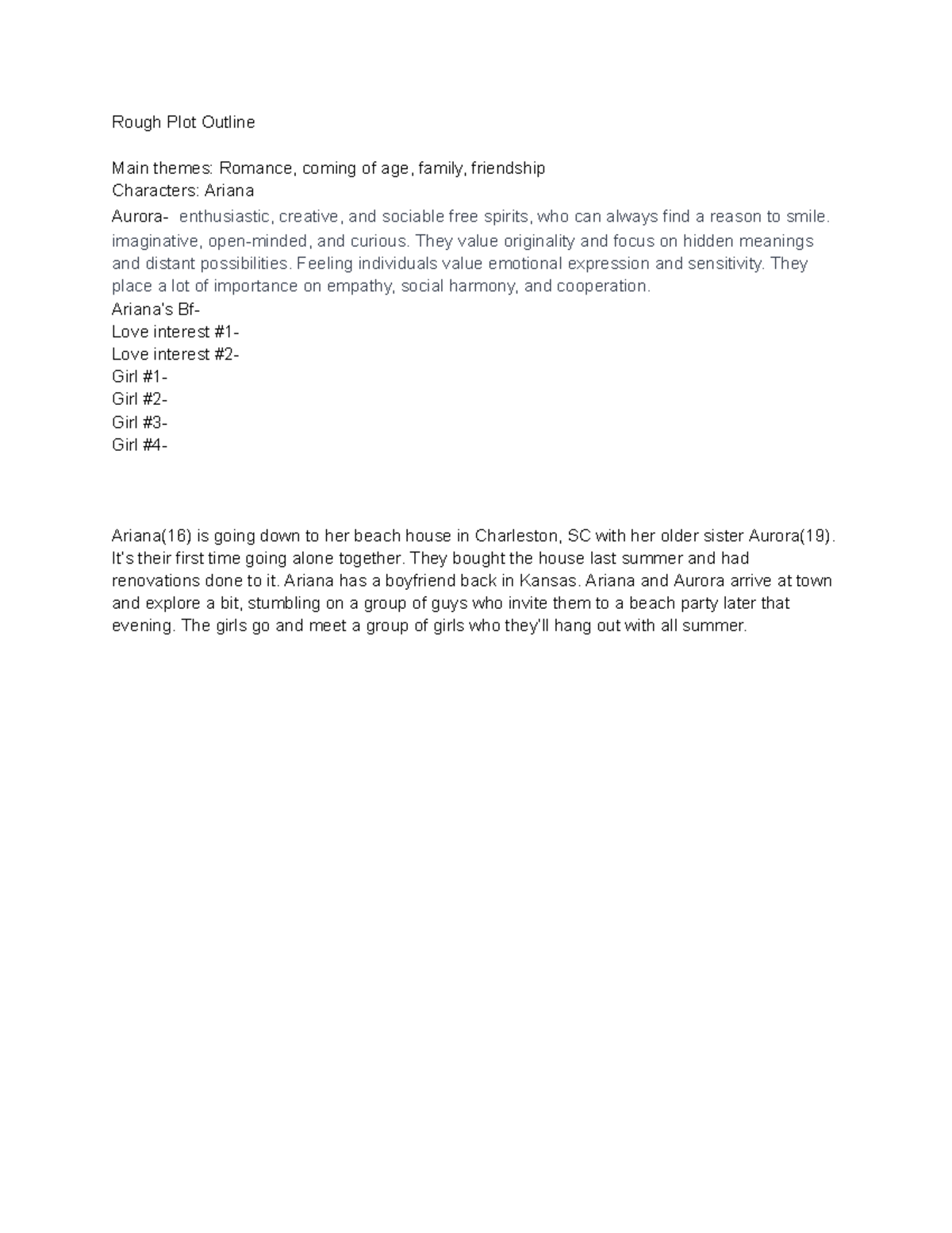 Rough Plot Outline for Romance & Coming of Age Drama - Studocu