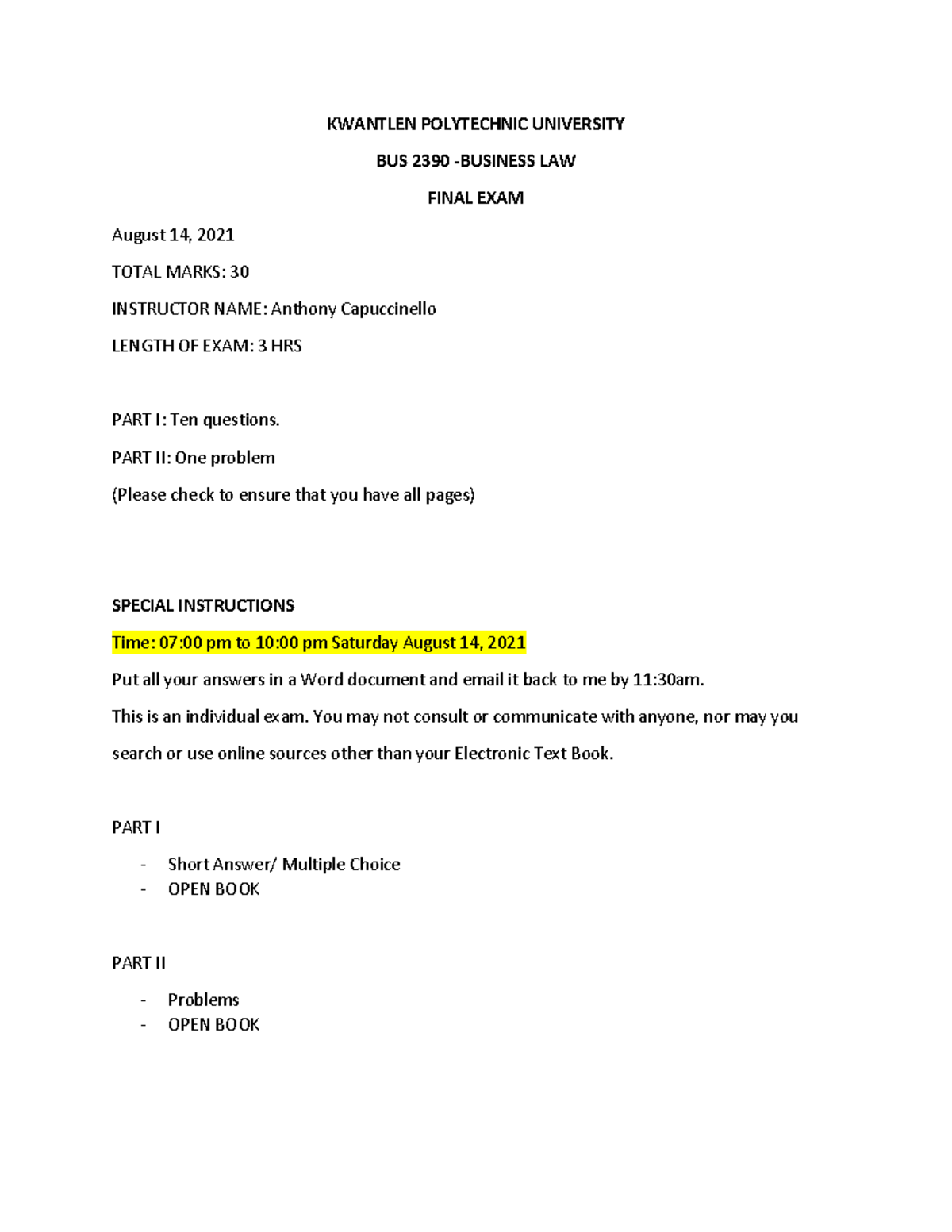 BUS 2390 - Business Law Final Exam Practice, Aug 2021 - Studocu