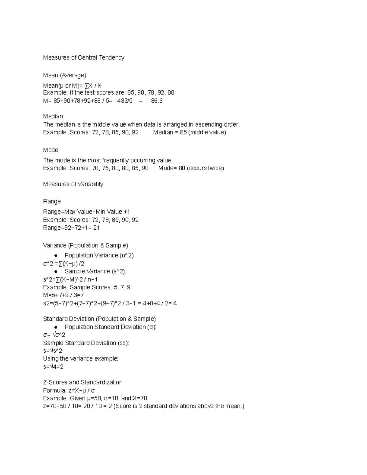 Measures of Central Tendency and Variability Cheat Sheet - Studocu