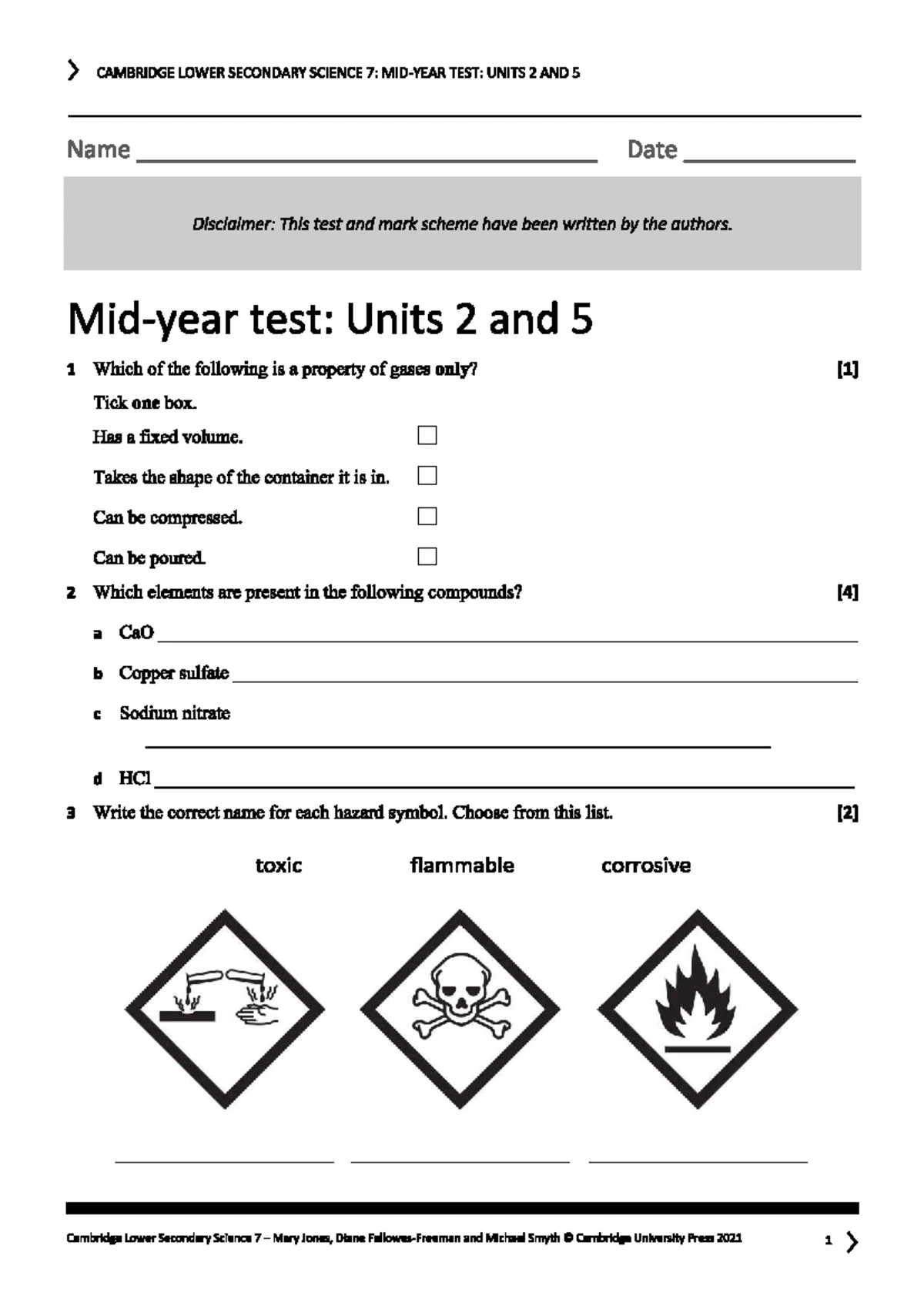CAMBRIDGE LOWER SECONDARY SCIENCE 7: TEST ON UNITS 1 & 4 - Studocu