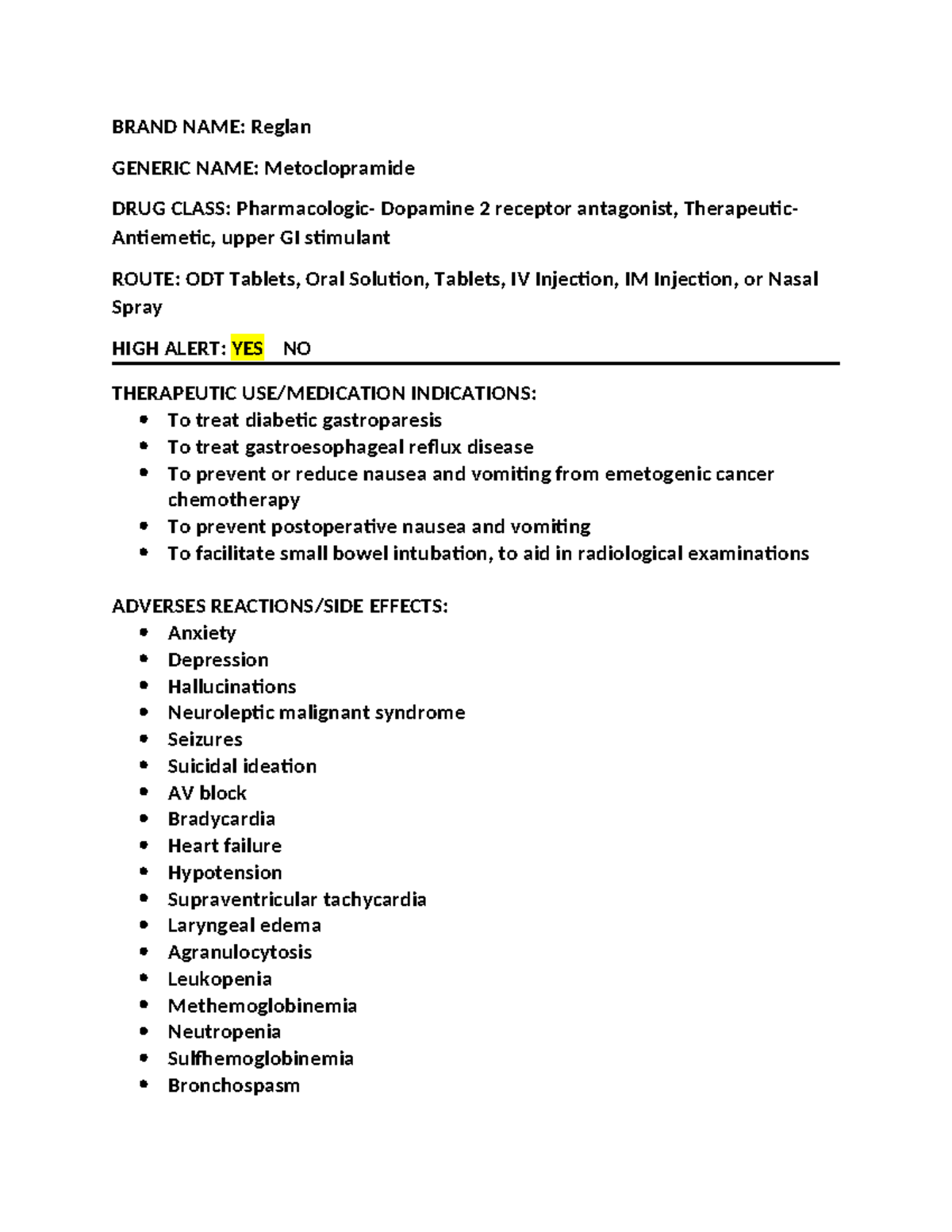 MINI DRUG CARD: Reglan (Metoclopramide) Overview & Considerations - Studocu