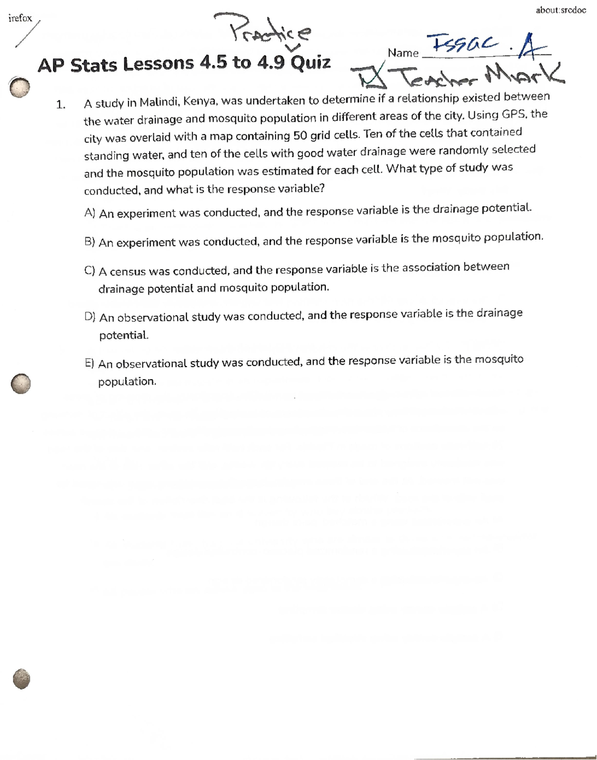 AP Stats Quiz: Lessons 4.5 to 4.9 - Malindi Study Analysis - Studocu
