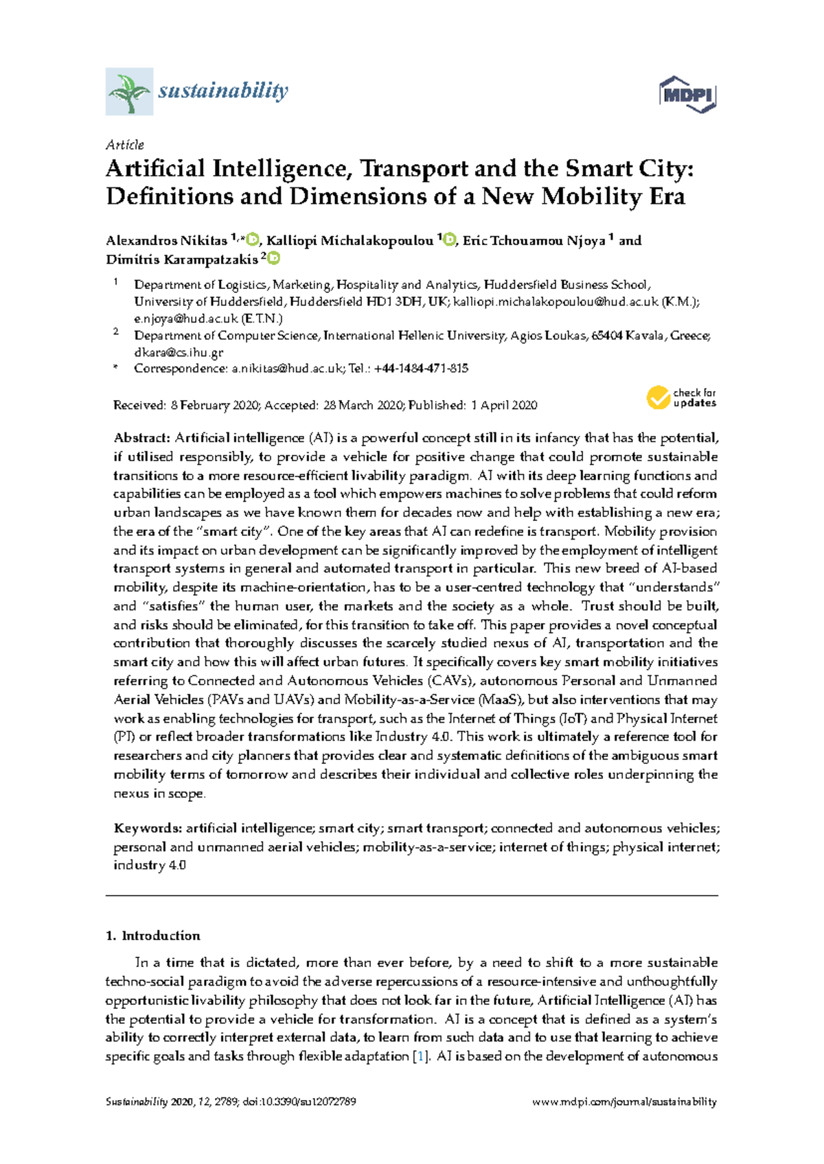 Sustainability 2020, 12, 2789: The role of AI in smart transport and ...