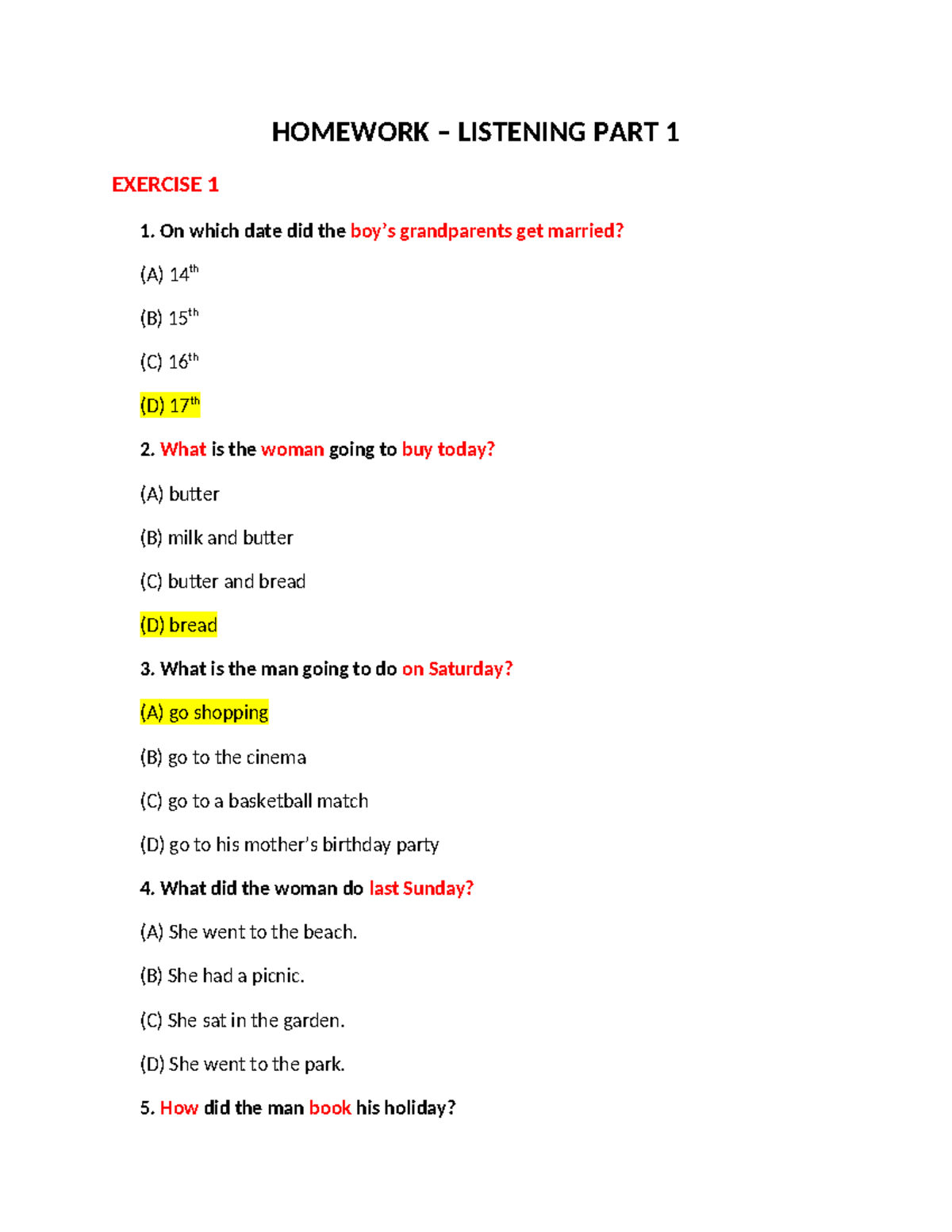 Listening Practice Exercises for English Homework - Studocu