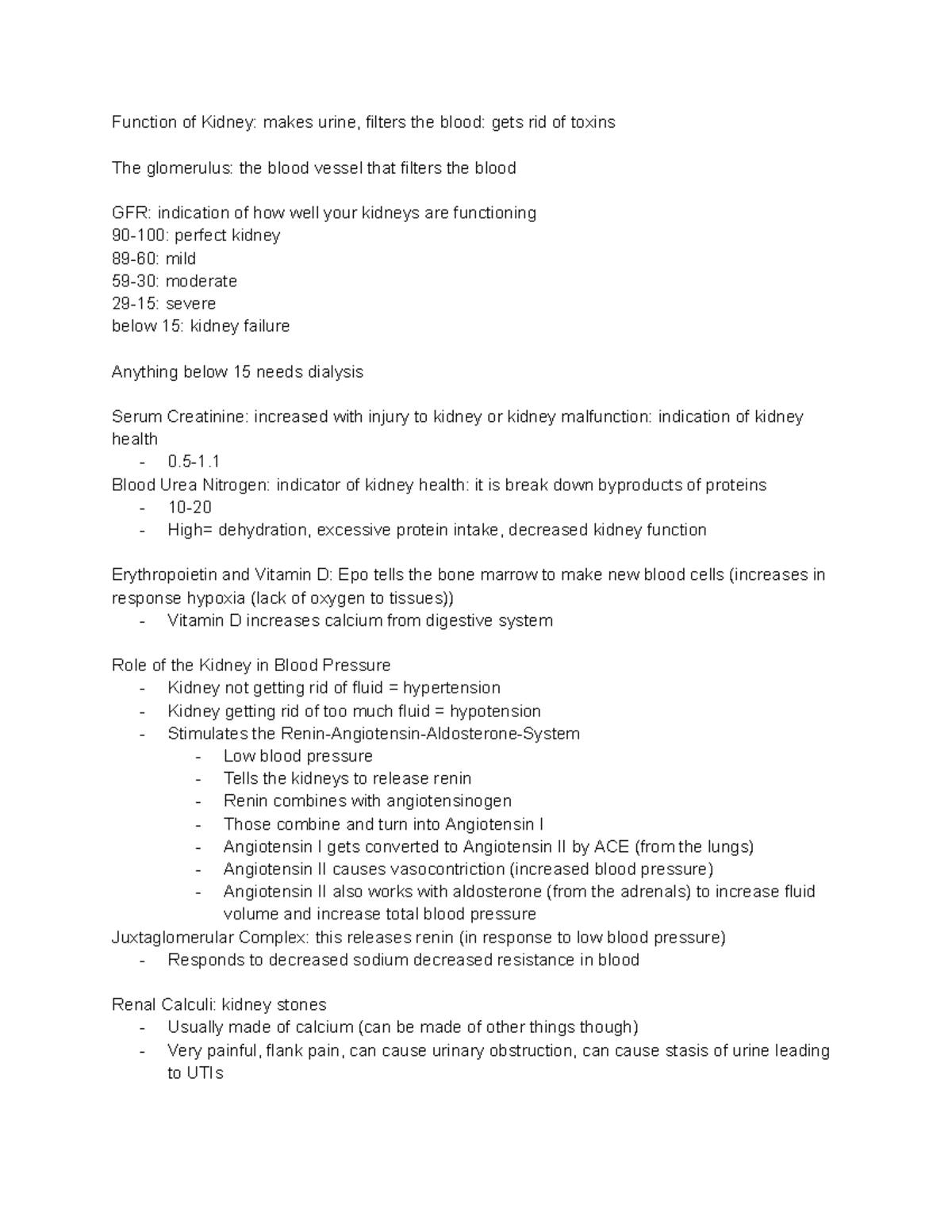 Exam 3 Study Notes: Kidney Function & Blood Health (Bio 101) - Studocu