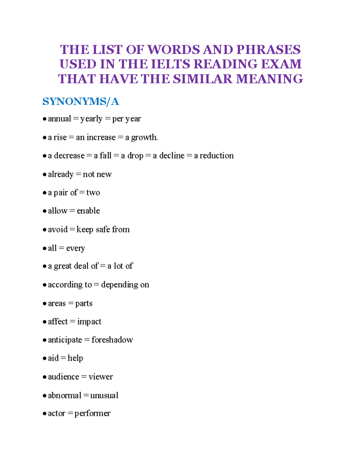 Important Synonyms List for Ielts Vocabulary Ieltsxpress - THE LIST OF ...