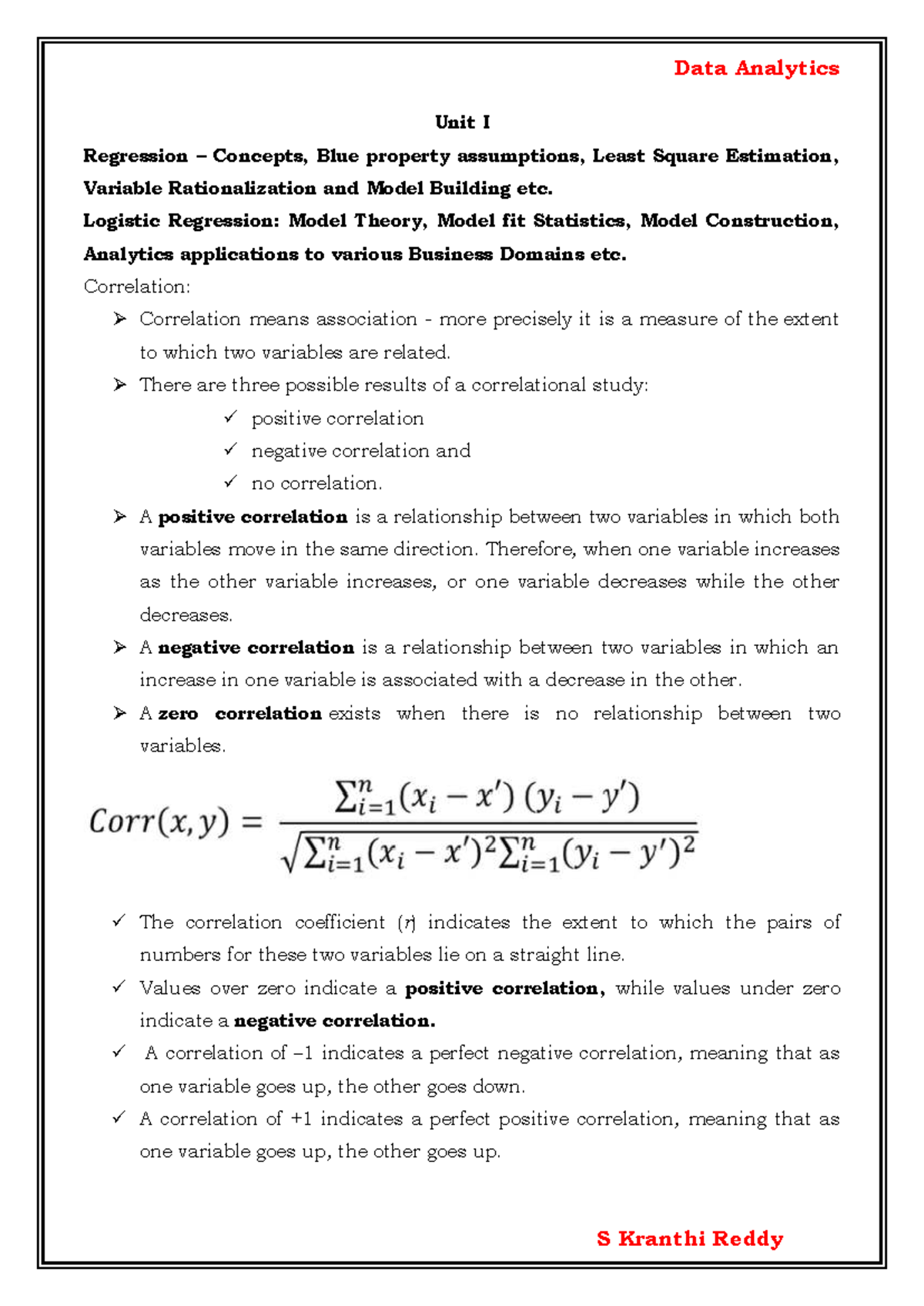 Data Analytics (Unit I): Regression Concepts, Correlation, and Model ...
