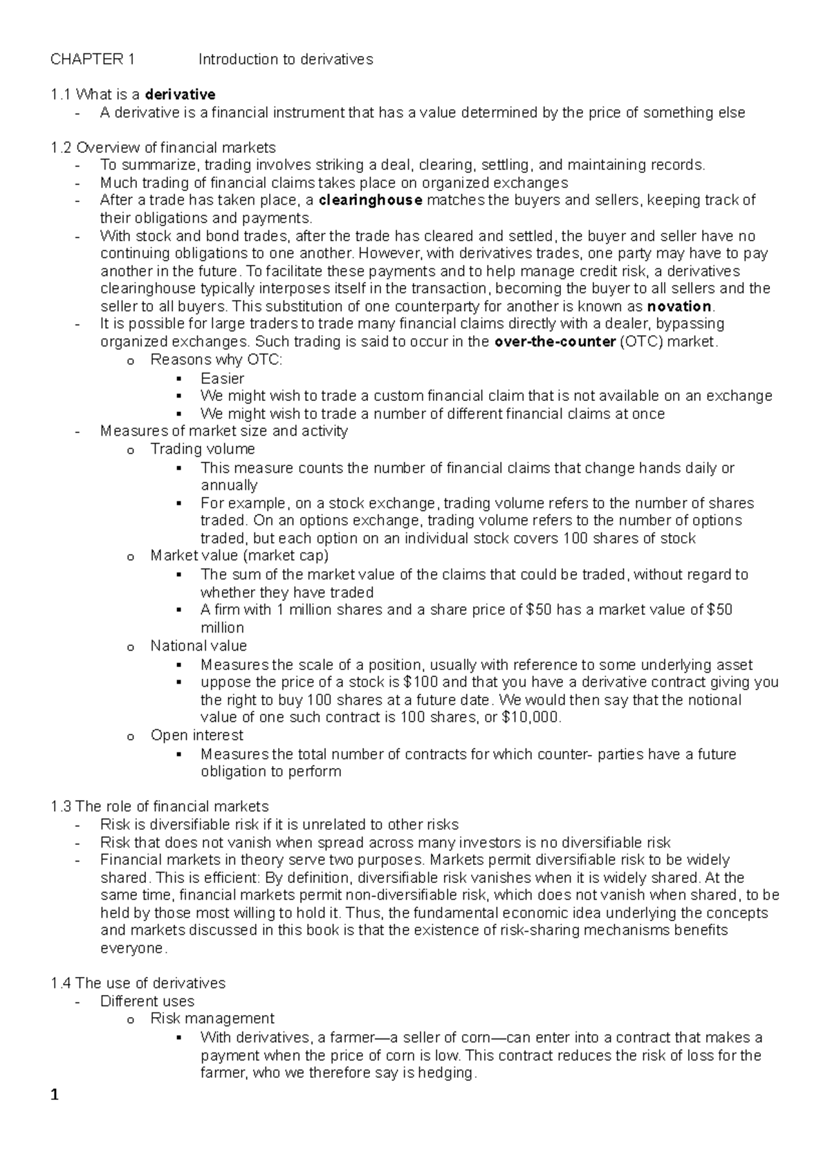 Summary of Chapter 1: Introduction to Derivatives in Finance - Studeersnel