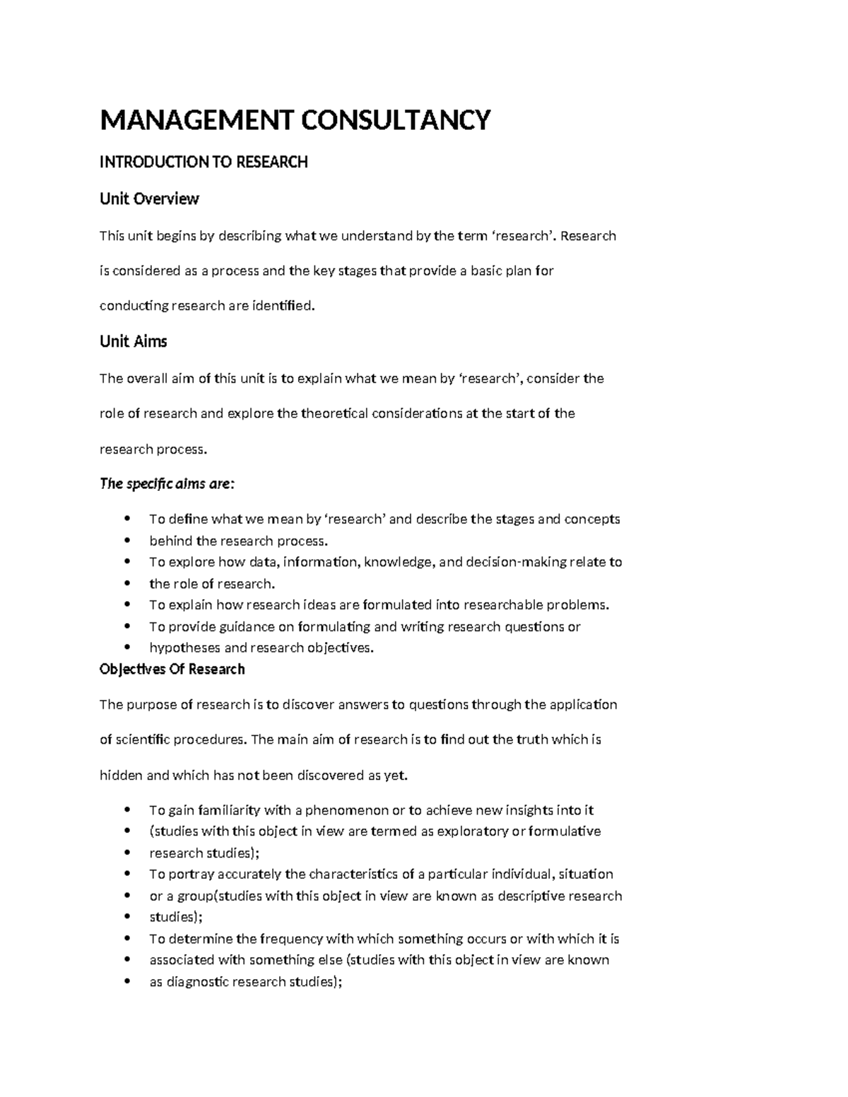 MANAGEMENT CONSULTANCY RESEARCH INTRODUCTION & METHODOLOGIES Overview ...