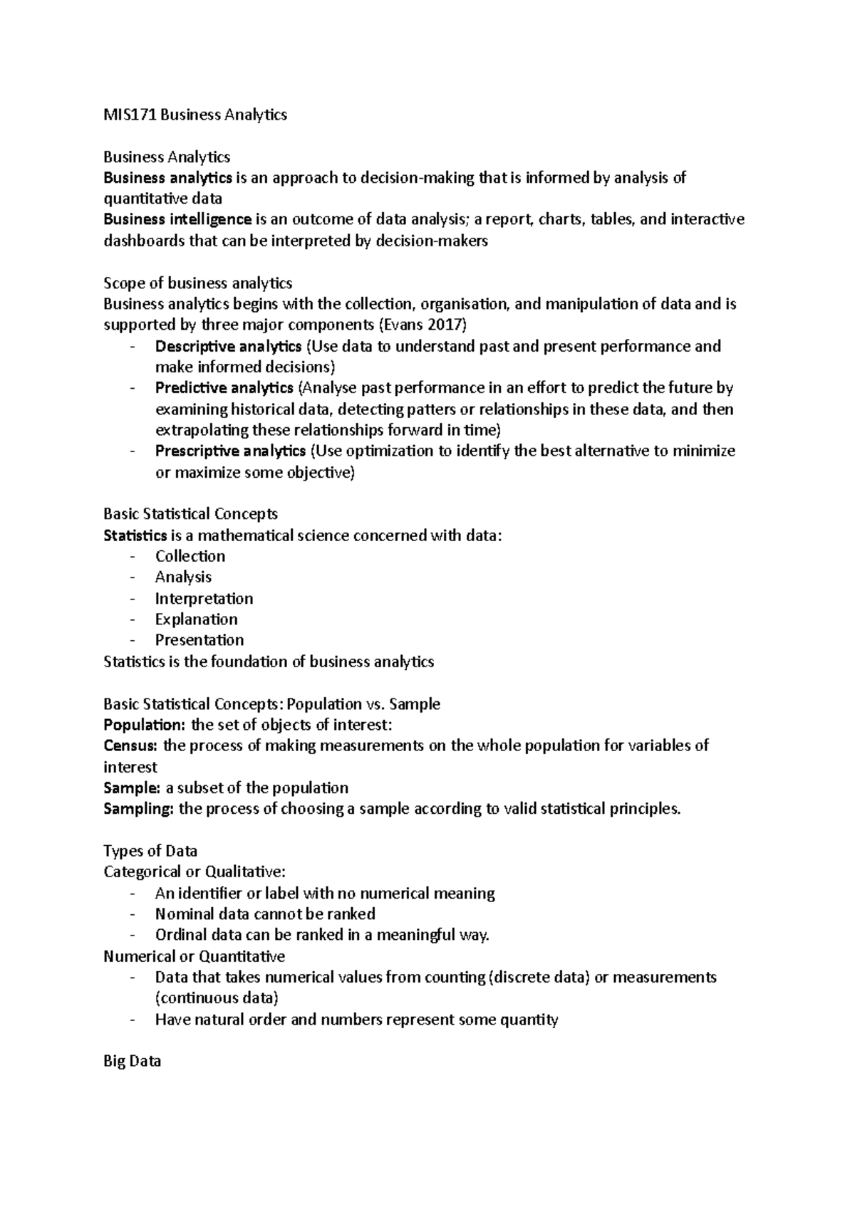MIS171 Business Analytics - MIS171 Business Analytics Business ...