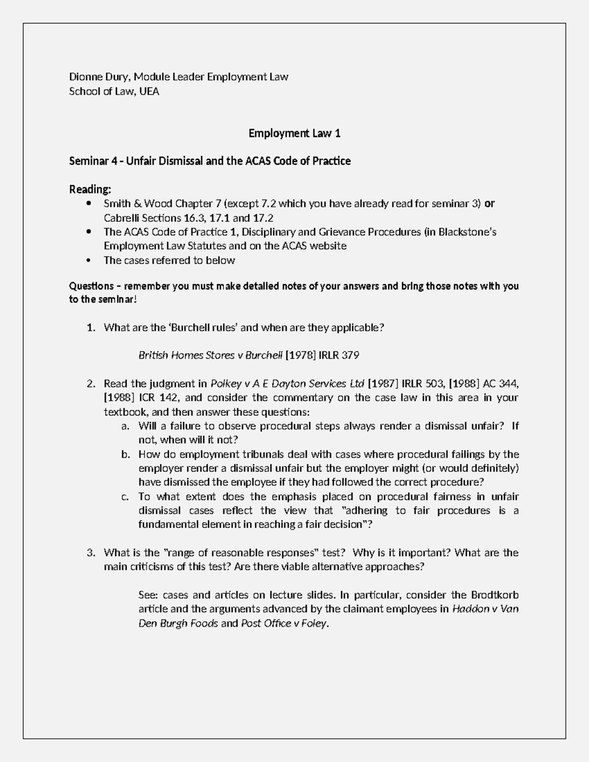 Employment Law 1: Seminar 4 - Unfair Dismissal and ACAS Code Insights ...