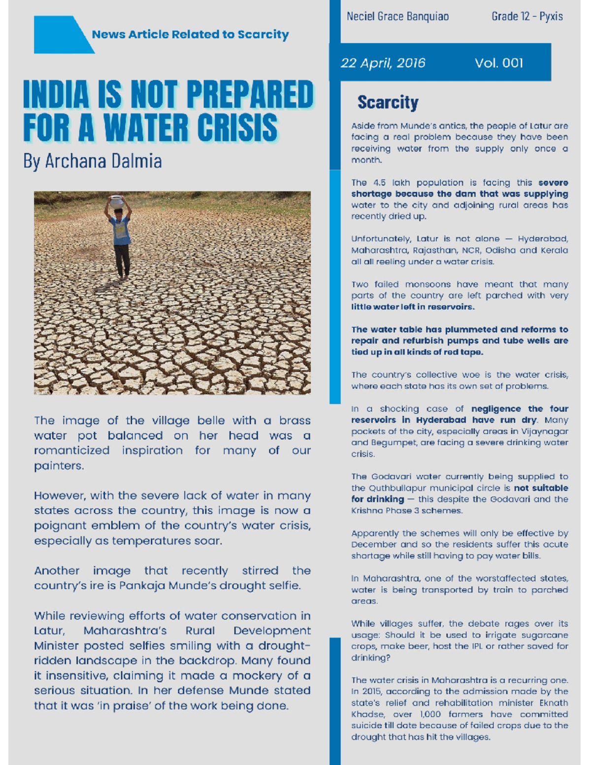 Economics Case Study: Water Scarcity Crisis in India - Grades 12 - Studocu