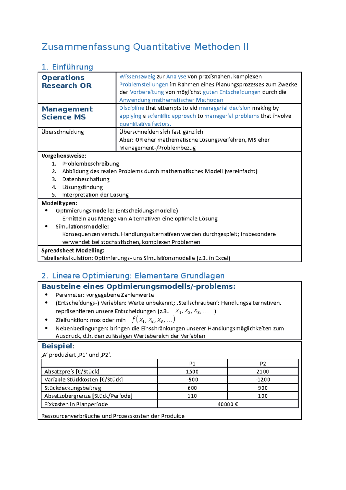 Zusammenfassung Quantitative Methoden - Einführung Operations Research ...