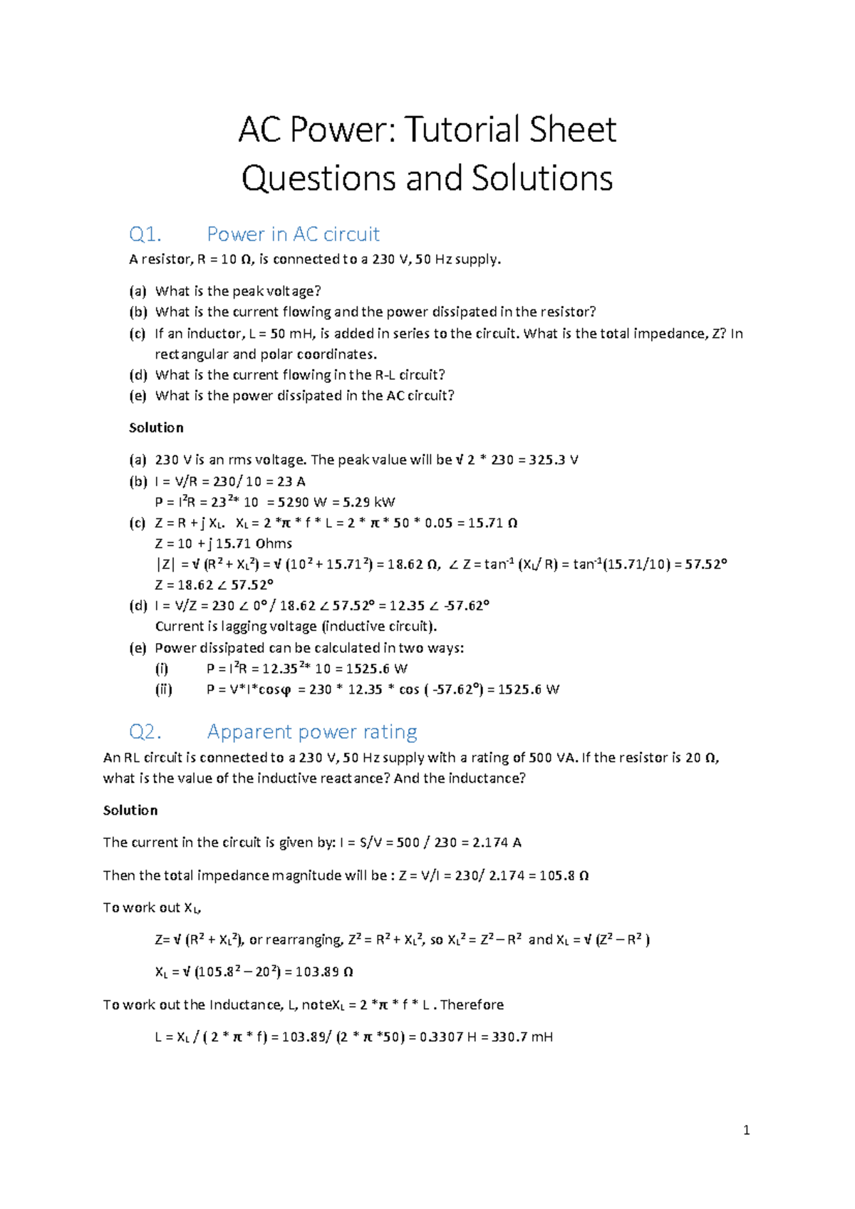 AC Power Analysis: Tutorial Sheet Q&A for AC Circuits (v1) - Studocu