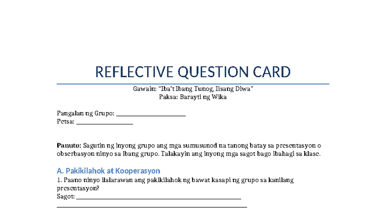 REFLECTIVE QUESTION CARD: Ibat Ibang Tunog at Paksa - Studocu