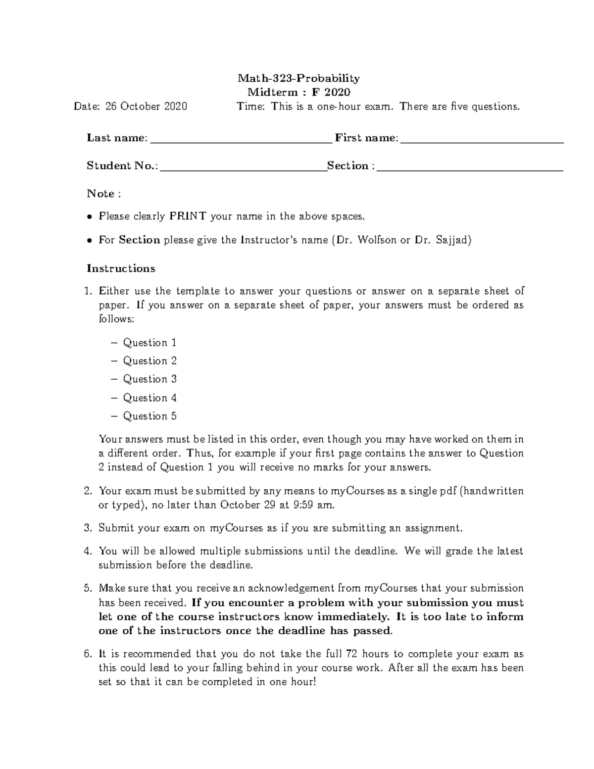 MATH 323 Fall 2020 Final Exam Solutions & Guidelines for Students - Studocu
