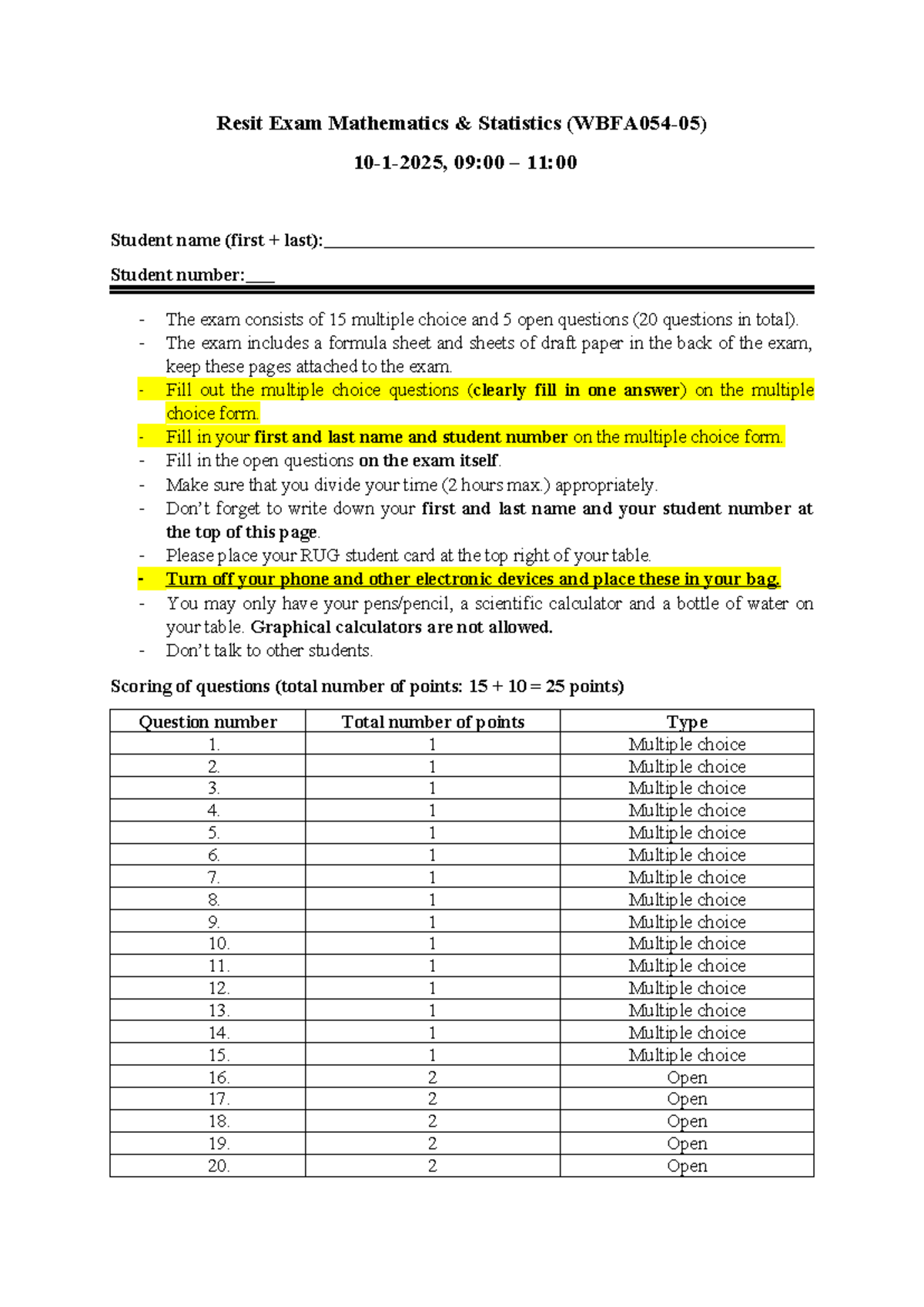 Resit Exam MATH 2024: Statistics & Multiple Choice Questions - Studeersnel