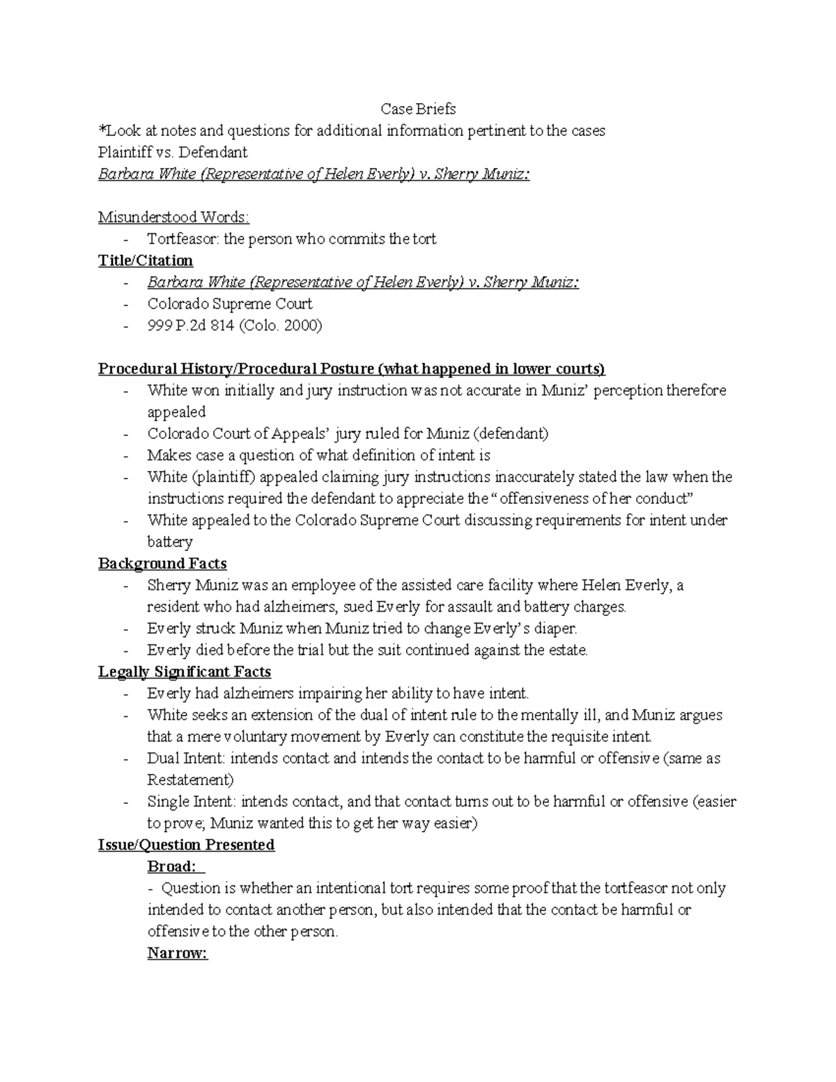 Tort Law Case Briefs: Intentional Torts & Liability Analysis (LAW 101 ...