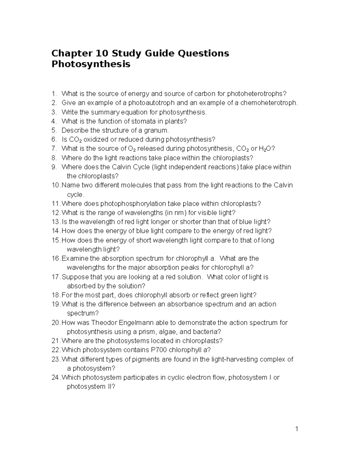 Chapter 10 Study Guide: Key Questions on Photosynthesis - Studocu