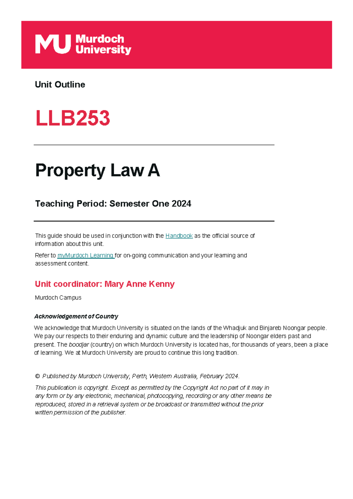 LLB253 Property Law A Unit Guide – Semester 1 2024 - Studocu