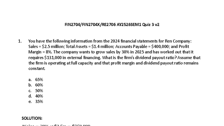 AY2526SEM1 Quiz 3 Solutions and Financial Analysis - Studocu