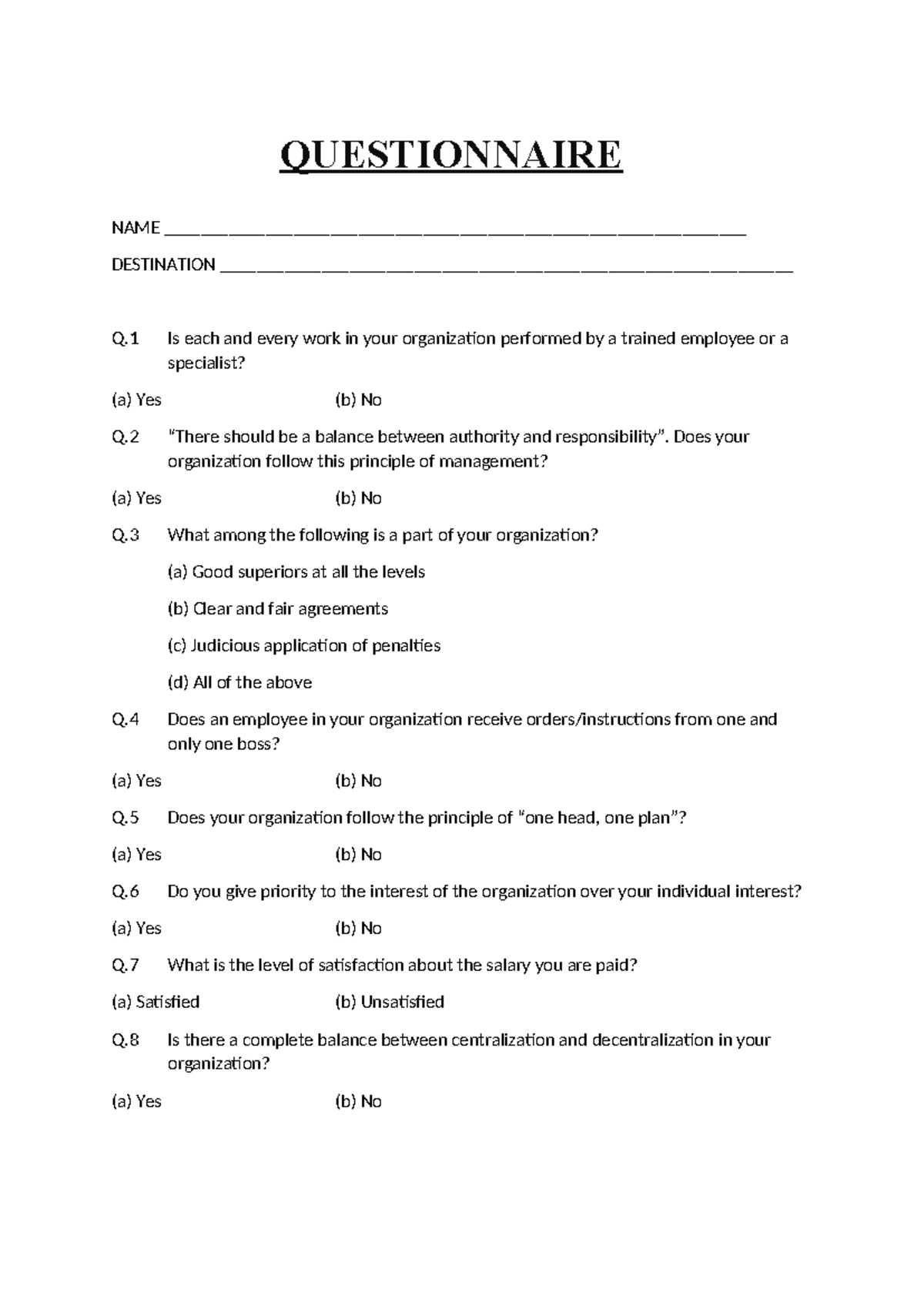 Questionnaire - QUESTIONNAIRE NAME