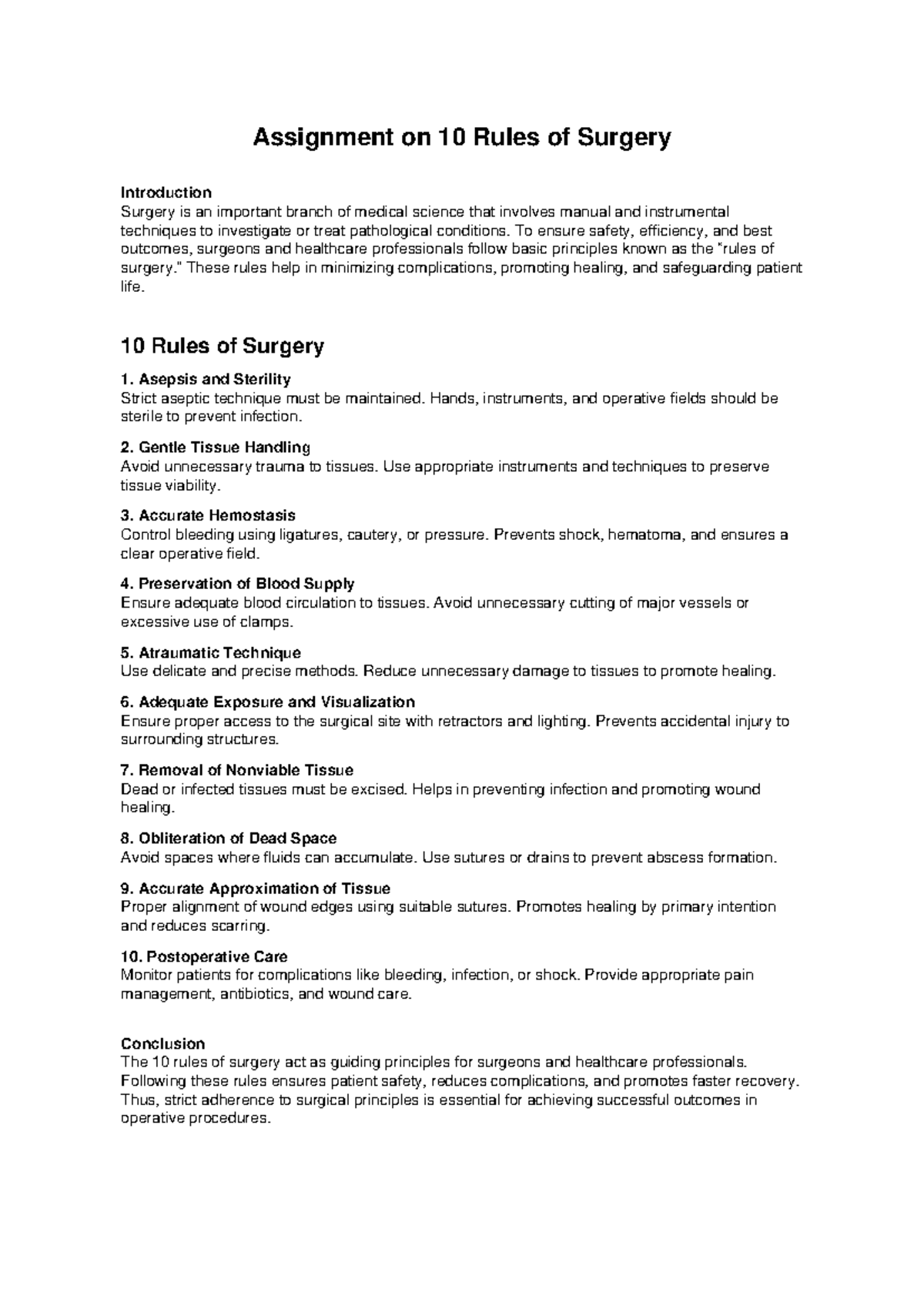 10 Rules of Surgery - Assignment Notes - Studocu