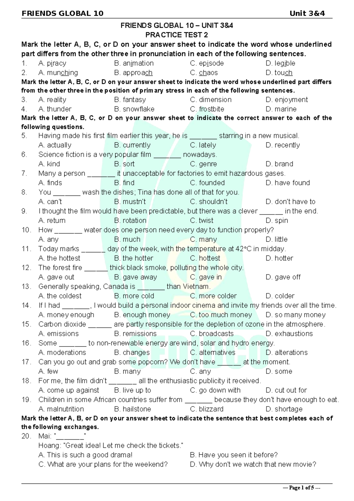 Tieng Anh 10 FRIENDS GLOBAL - Unit 3 & 4 Practice Test 2 - Studocu