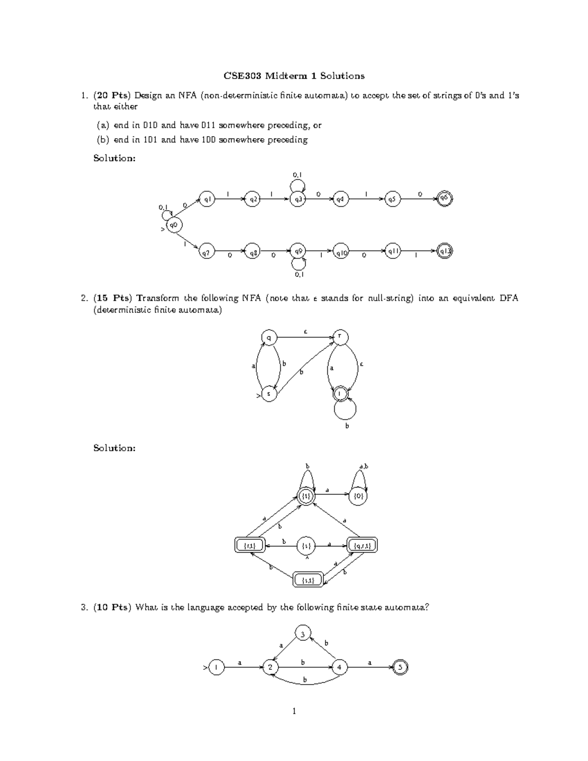CSE303 Midterm 1 Solutions: NFA and DFA Design Problems - Studocu