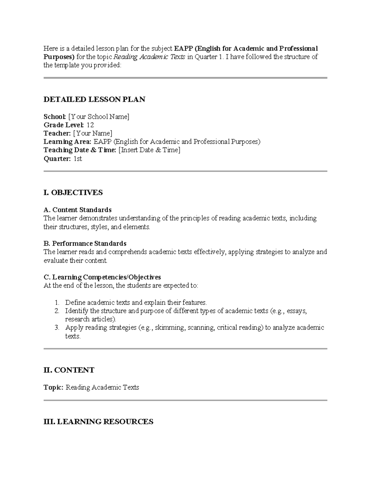 EAPP Lesson Plan: Reading Academic Texts - Quarter 1 - Studocu