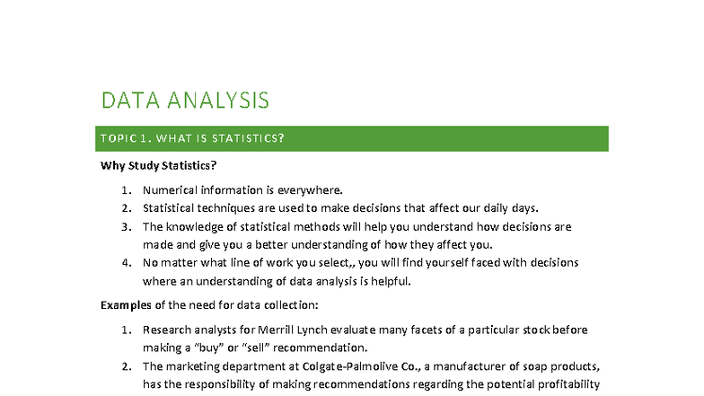 DATA ANALYSIS 101: Understanding Statistics and Its Applications - Studocu
