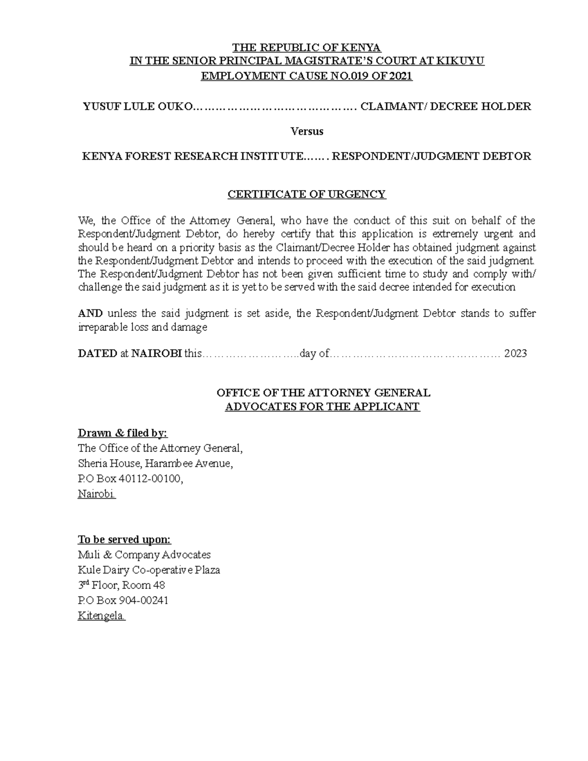 SET Aside Application - Employment Cause No. 019 of 2021 - Studocu