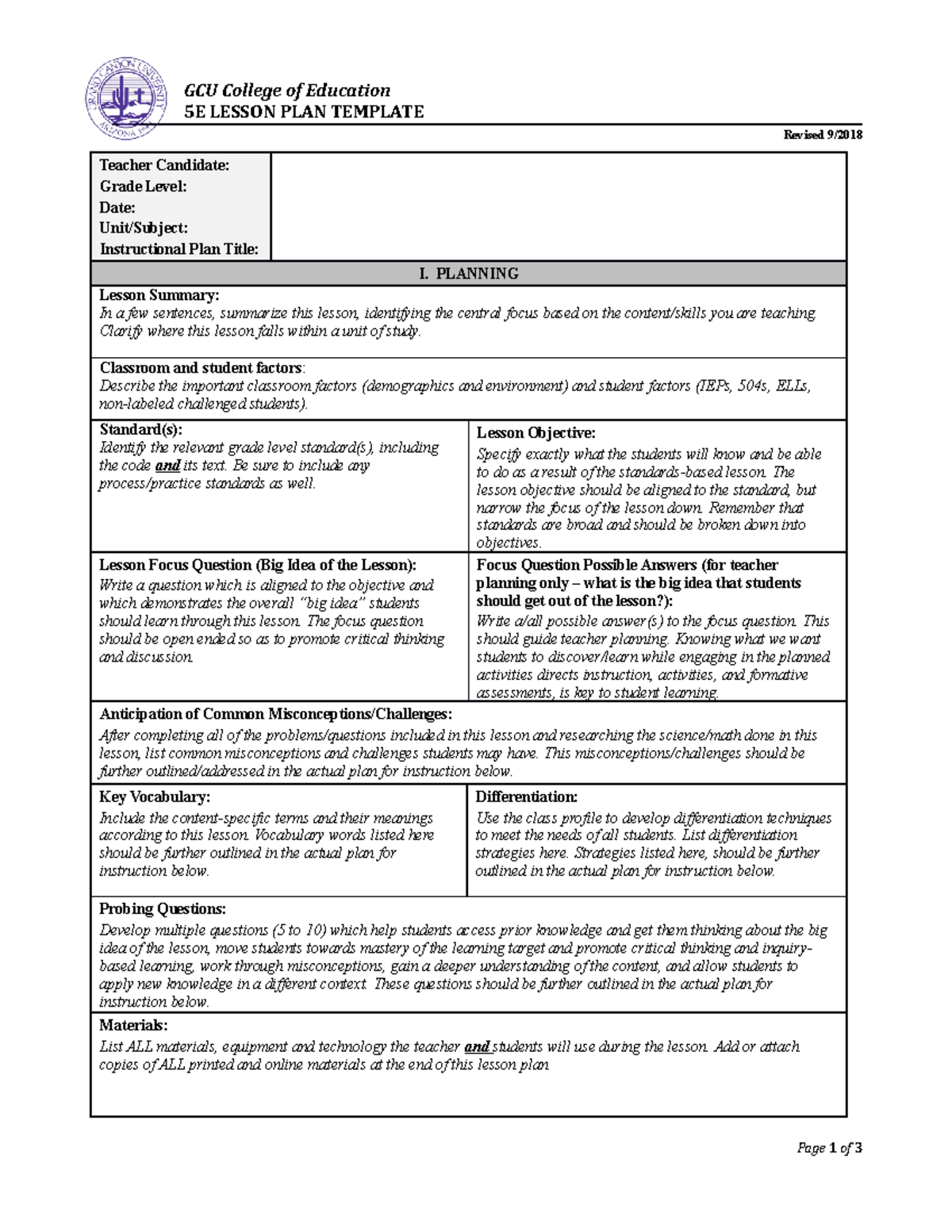 5E Lesson Plan Template for GCU College of Education - Studocu