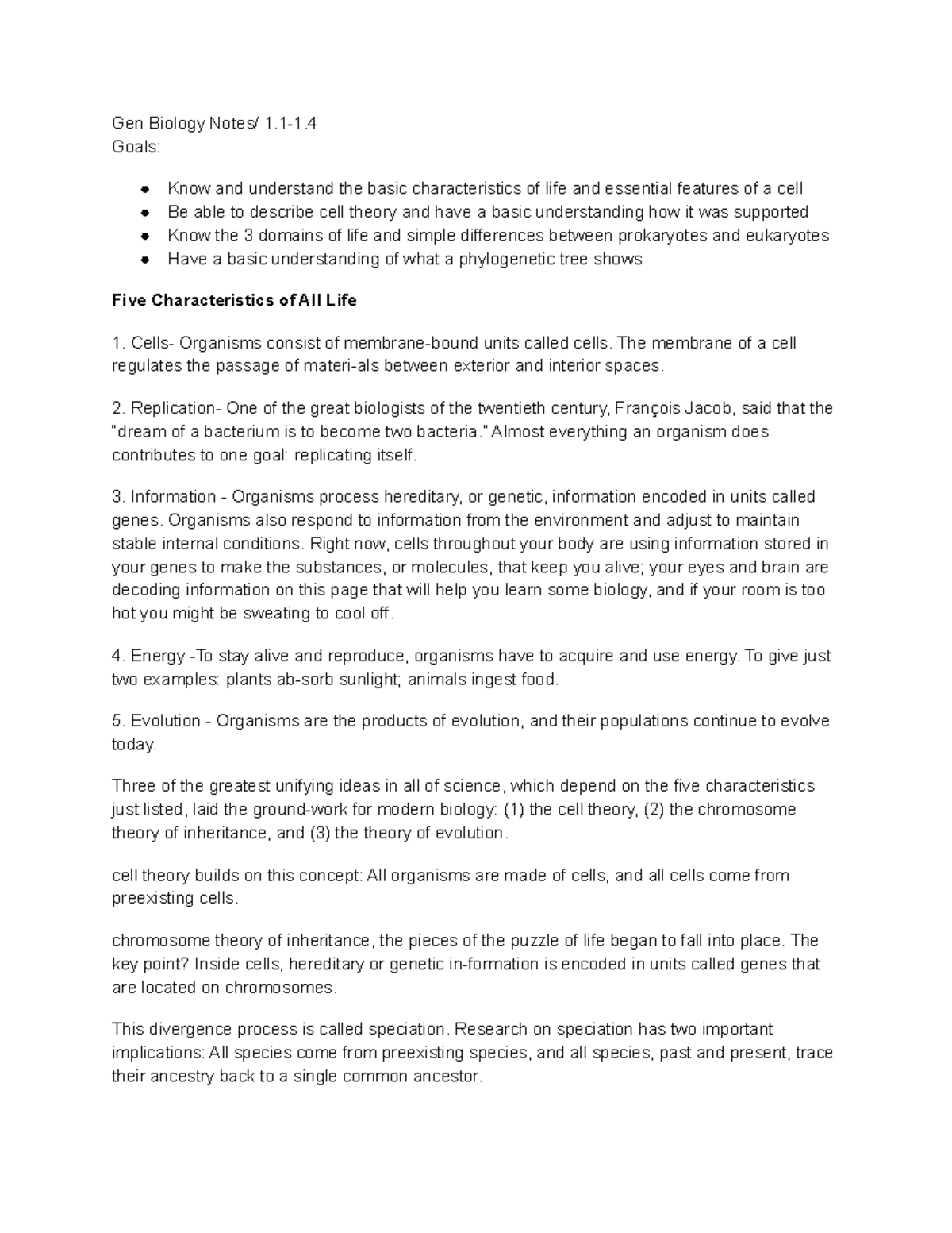 Gen Biology 1.1-1.4 - Gen Biology Notes/ 1-1. Goals: Know and ...
