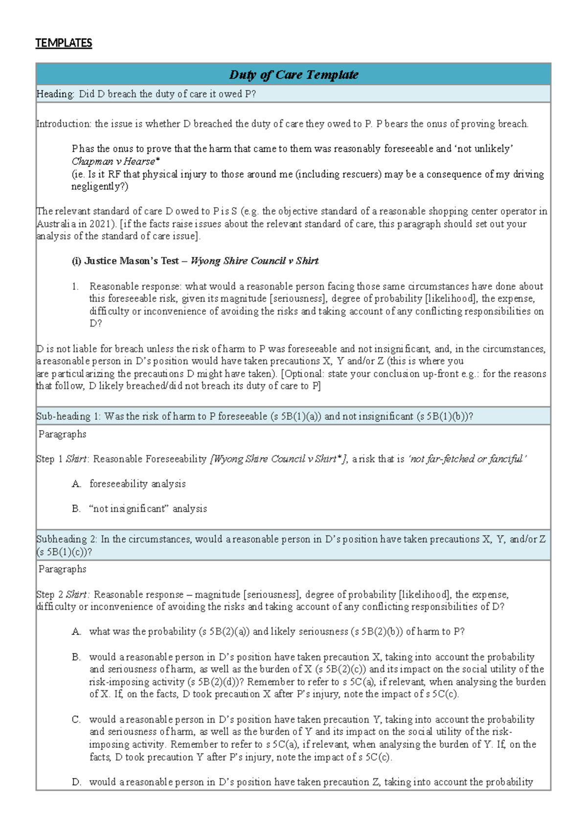 Duty of Care Analysis Template: Breach and Causation in Negligence ...