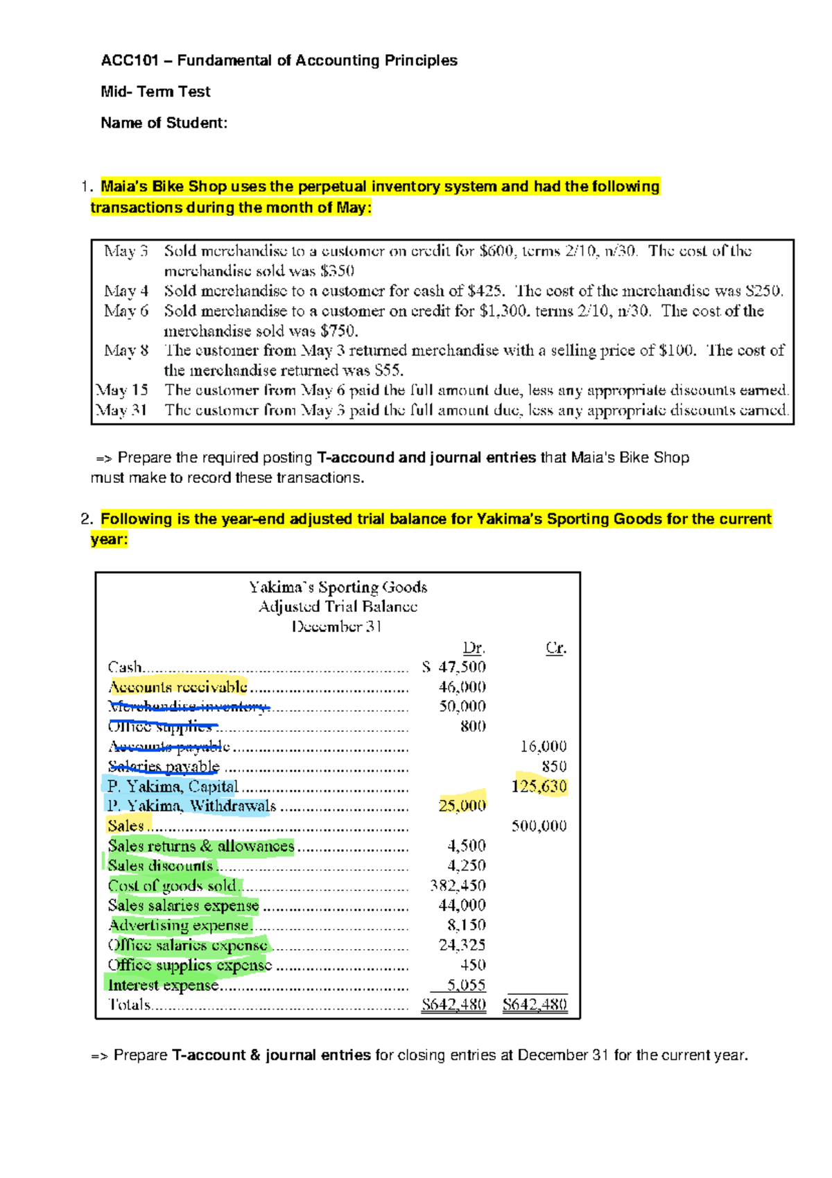 ACC101 Midterm Test: Accounting Principles & Journal Entries - Studocu
