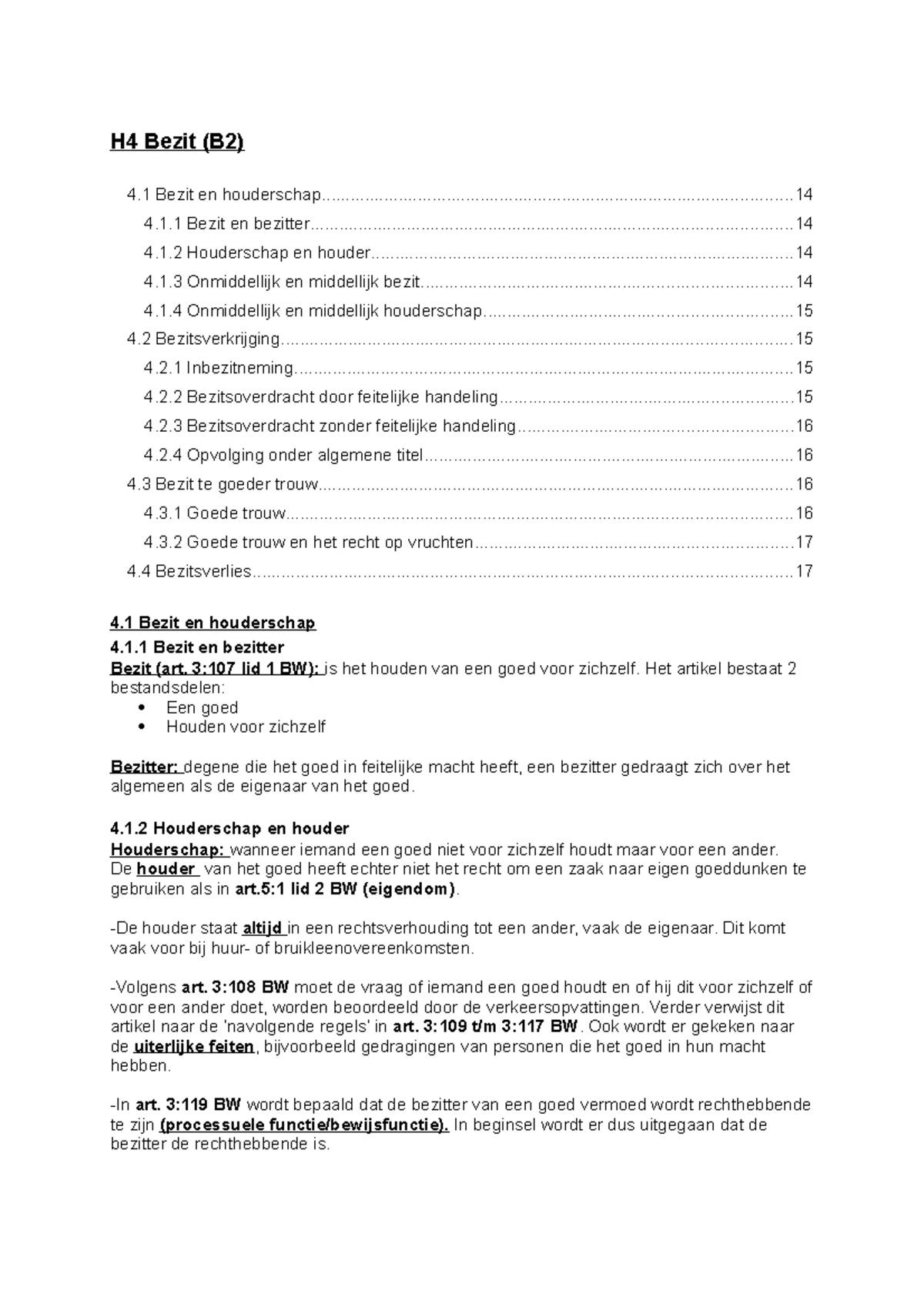 H4 Bezit en Houderschap in Goederenrecht (B2) - Analyse en Uitleg ...