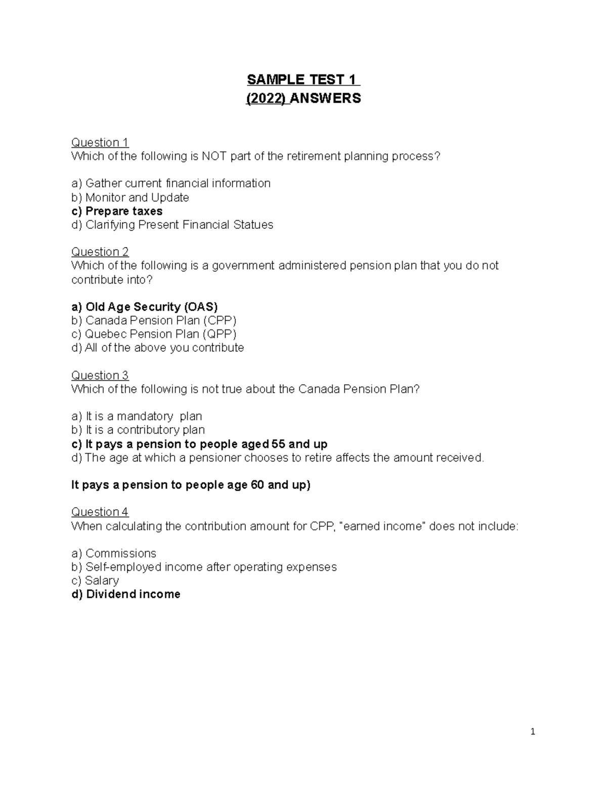 Retirement Planning (Sample Test 1 - Humber) Answers 2022 Insights ...