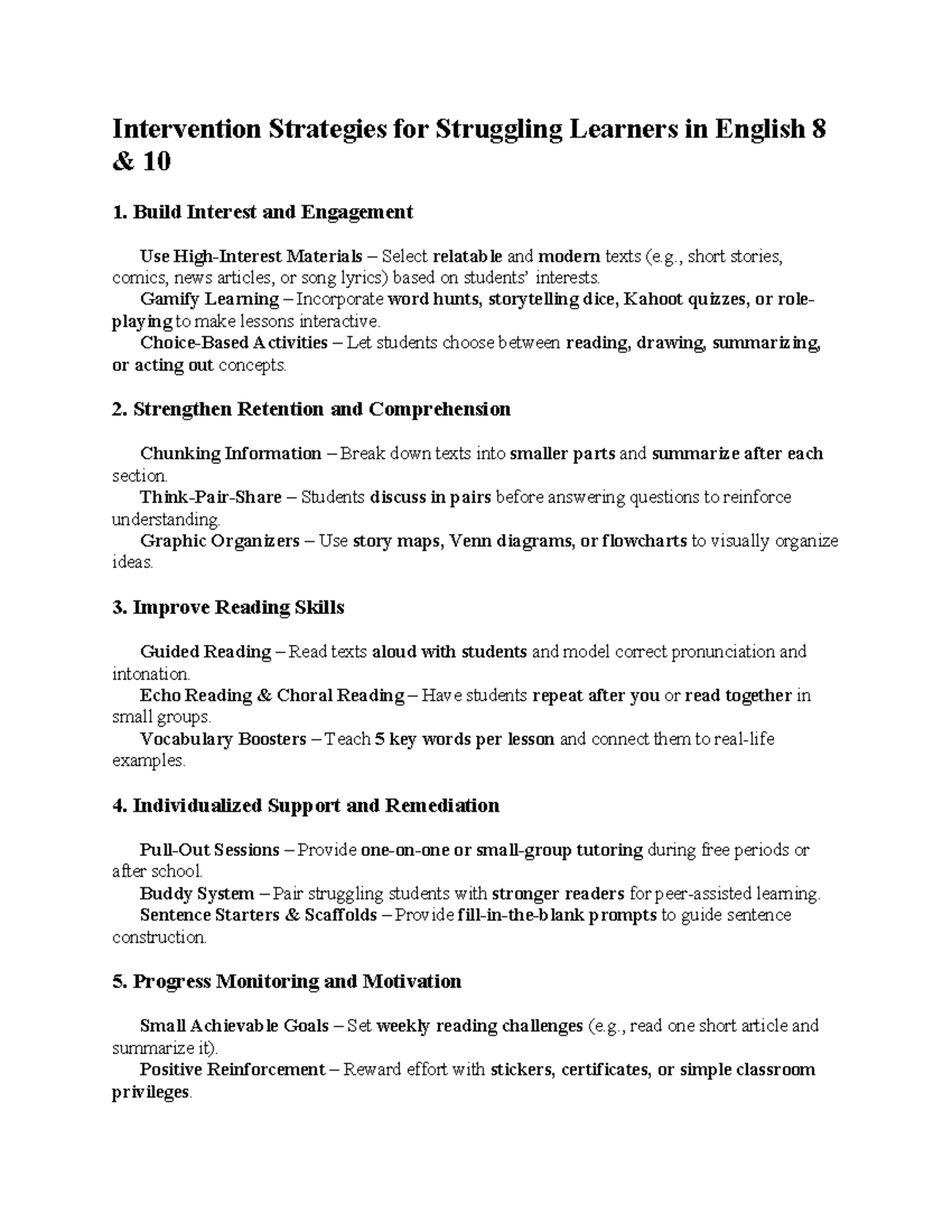 Intervention Strategies for Struggling Learners in English 8 & 10 - Studocu