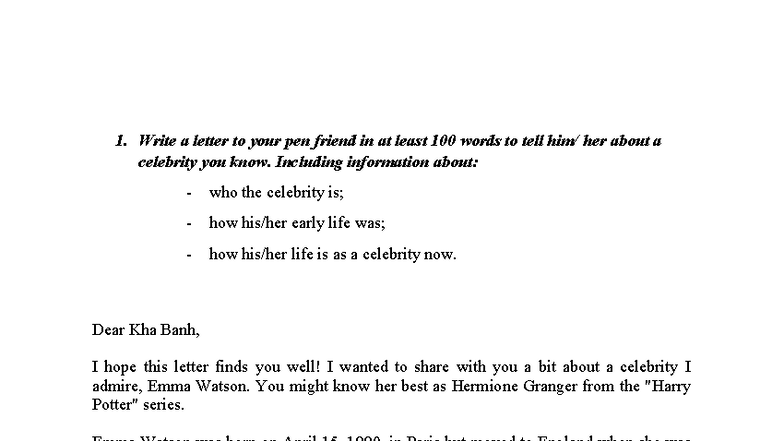 Writing E1 - Letters About Celebrities, Transport, Jobs, and More - Studocu
