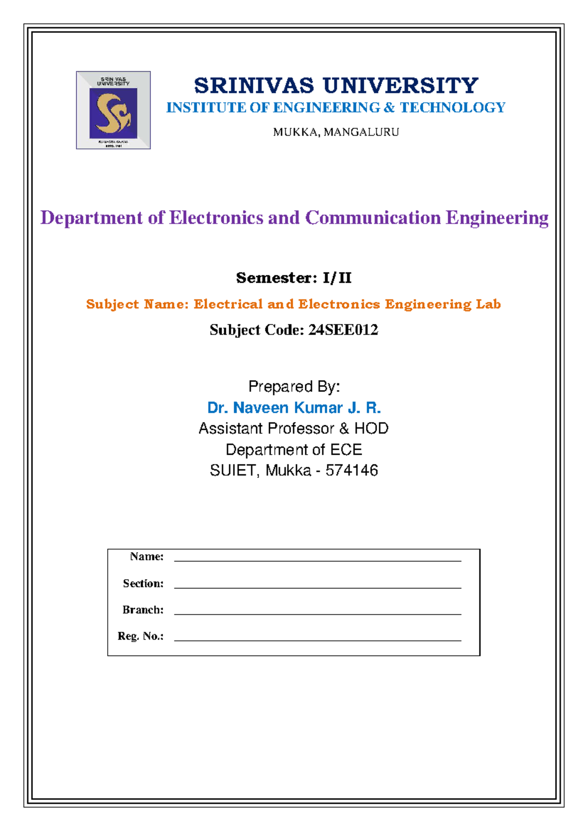 Electrical and Electronics Engineering Lab Manual 24SEE012 - Studocu